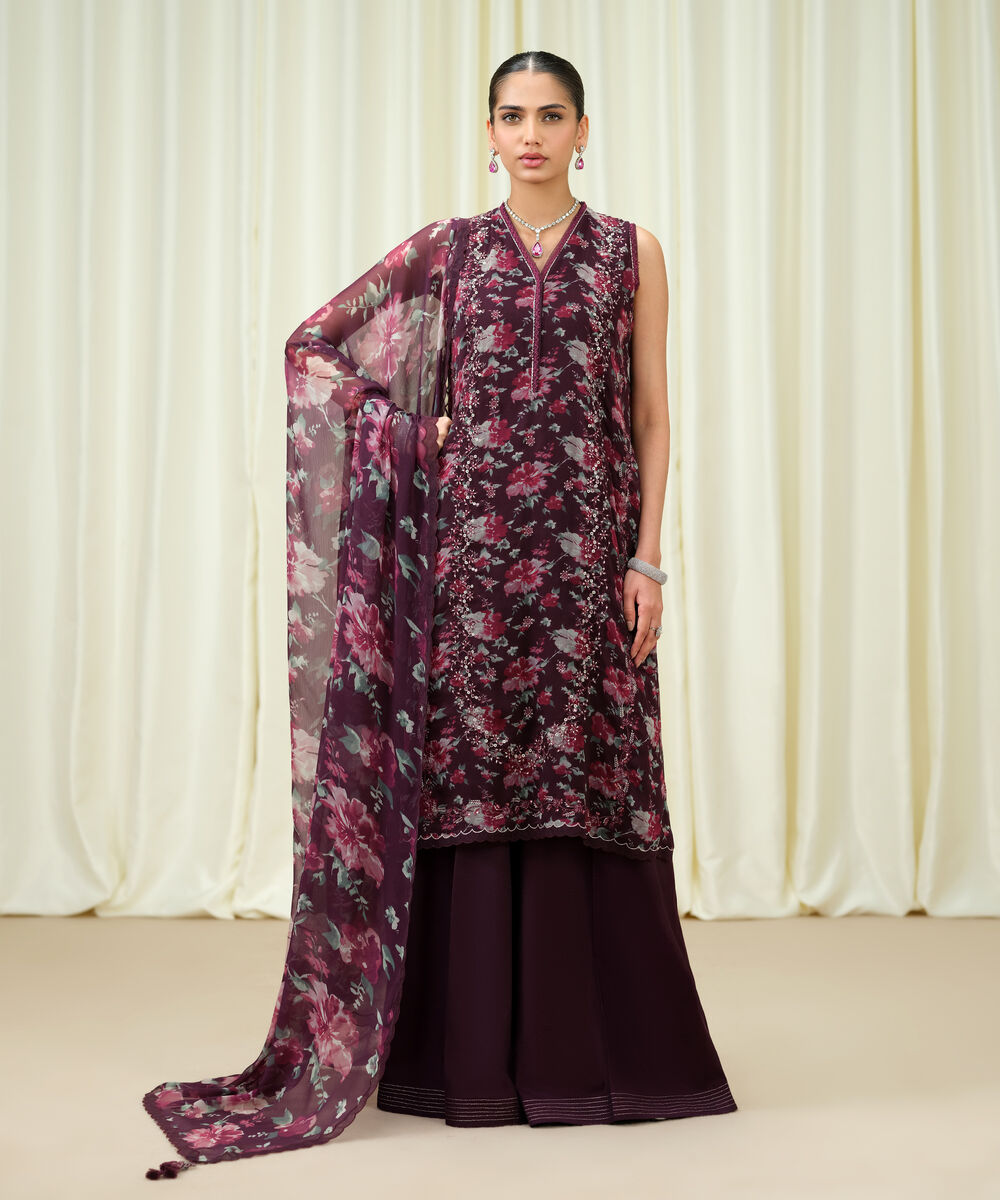 Women's Unstitched Blended Chiffon Embroidered Purple 3 Piece Suit