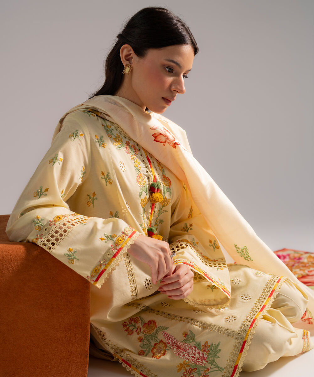 Women's RTW Slub Lawn Embroidered Pale Yellow 3 Piece Suit