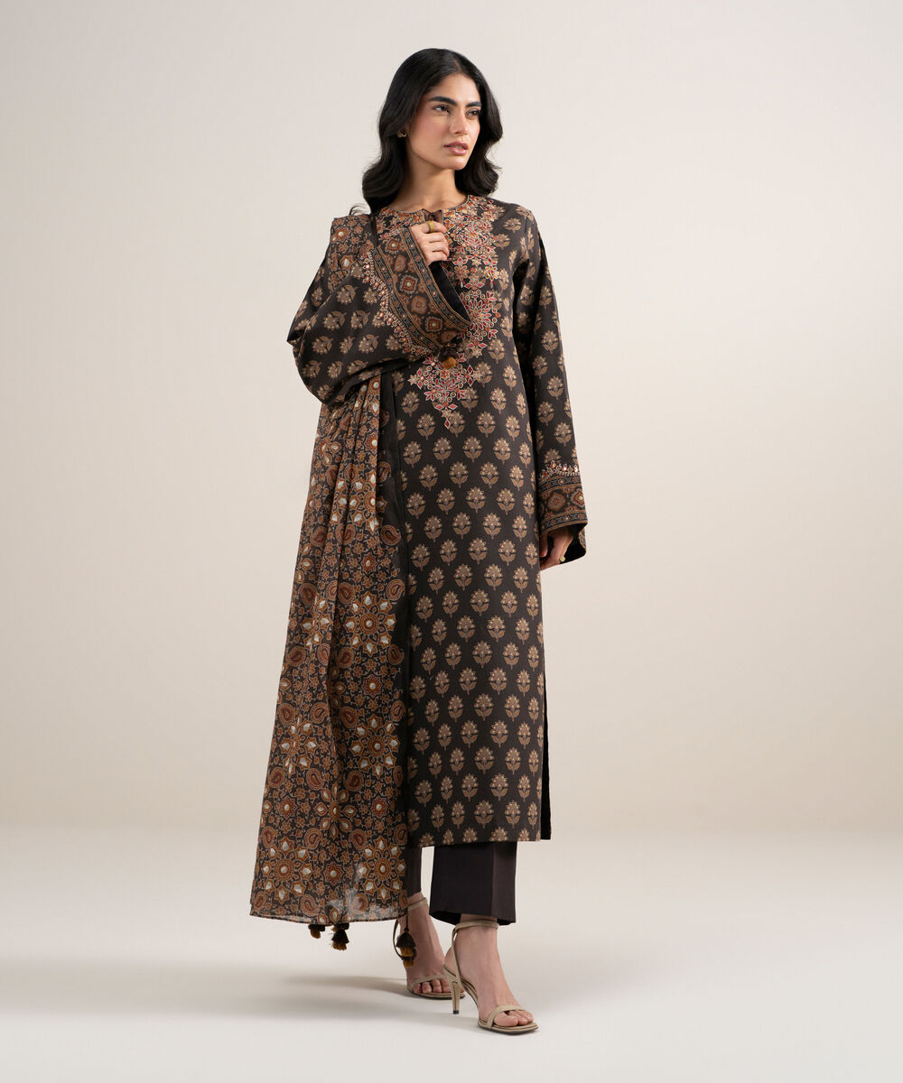 Women's Unstitched Lawn Embroidered Brown 3 Piece Suit