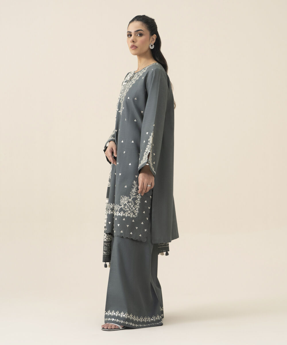 Women's Unstitched Lawn Embroidered Grey 3 Piece Suit