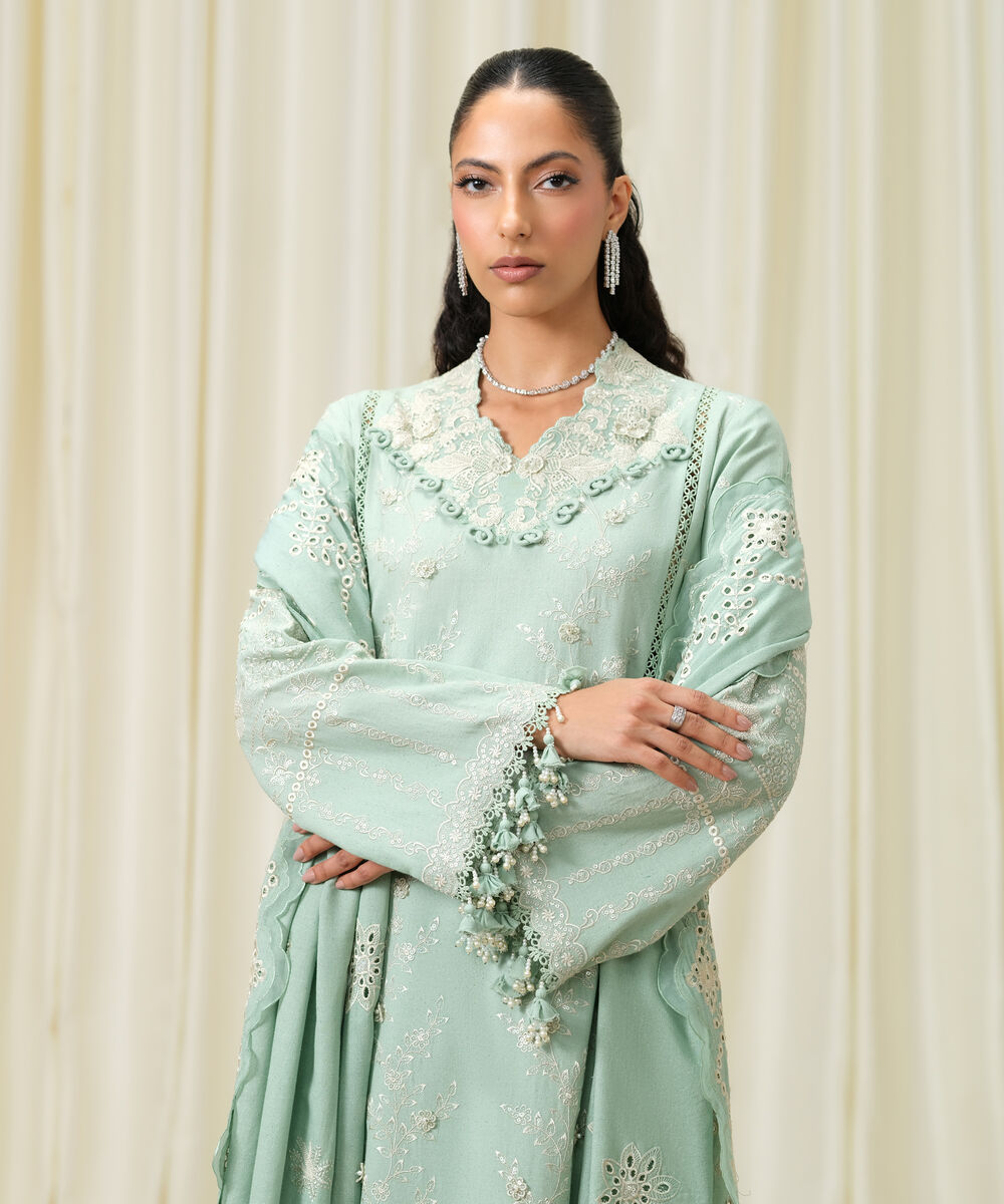 Women's Unstitched Embroidered Linen Moss Green 3 Piece Suit
