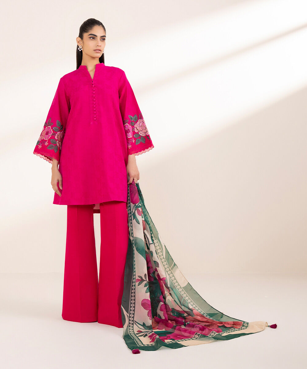 Woman - Pink 3 Piece - Embroidered Cotton Jacquard Suit