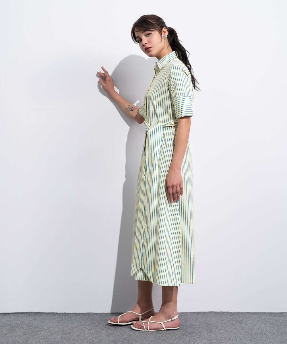 Women's Western Yellow And Blue Poplin Dress With Belt