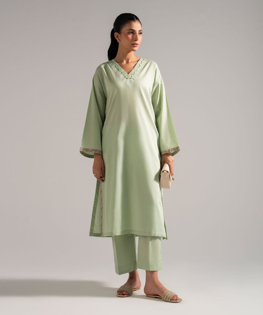 Women's RTW Dobby Embroidered Green Straight Shirt