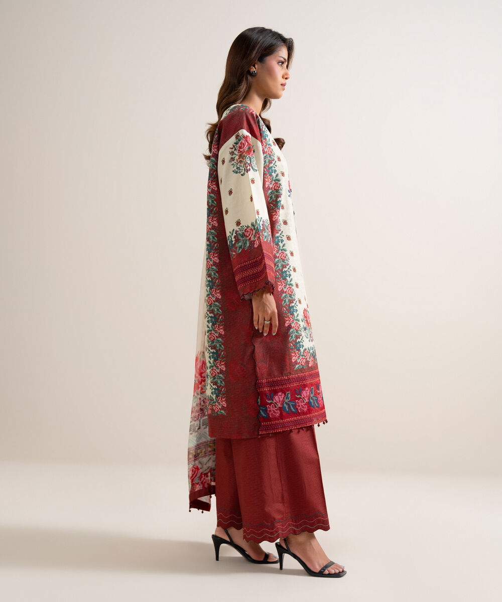 Women's Unstitched Zari Cotton Embroidered Multi 3 Piece Suit