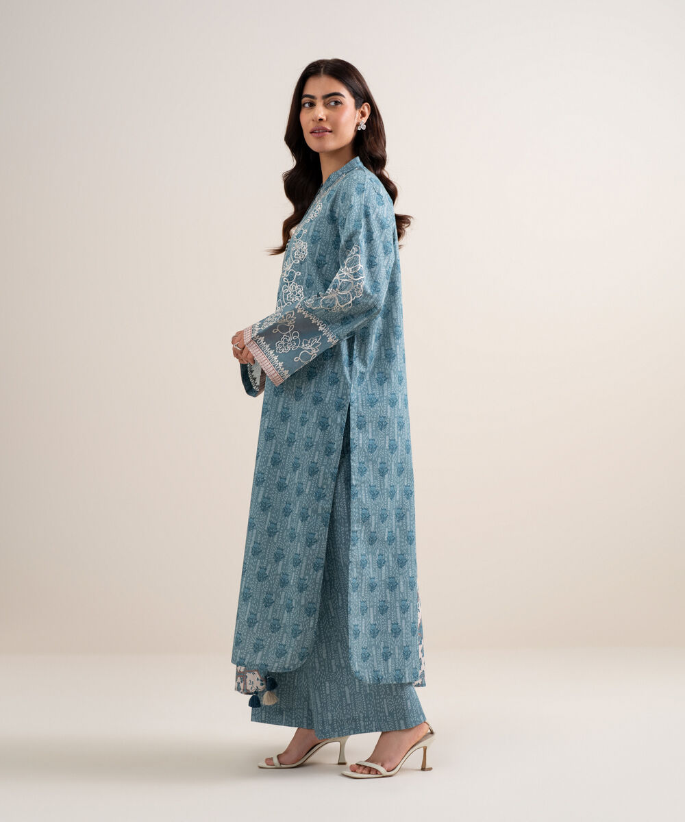 Women's Unstitched Lawn Embroidered Ice Blue 3 Piece Suit