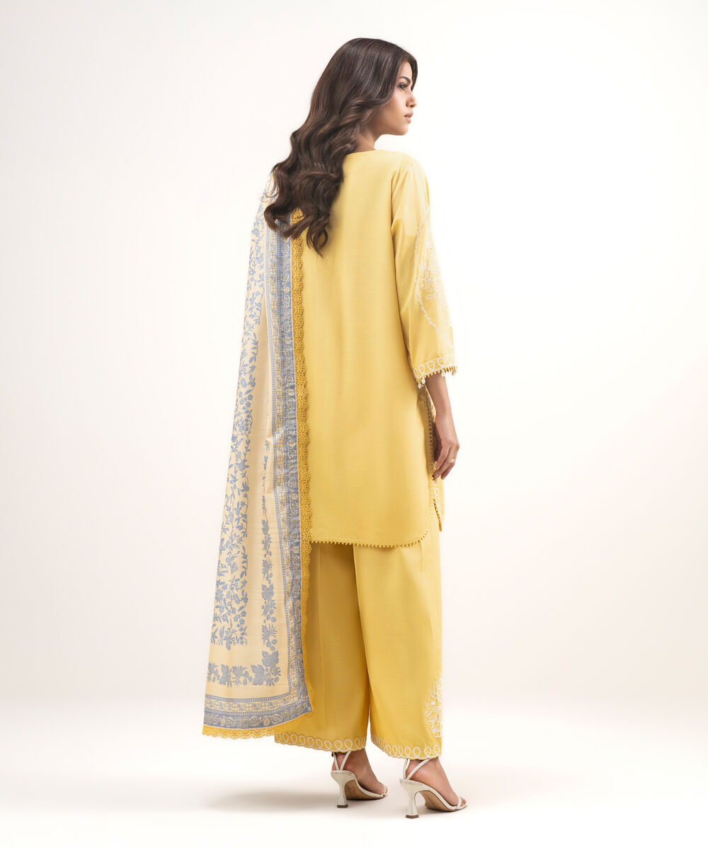 Women's RTW Cotton Viscose Embroidered Yellow 3 Piece Suit