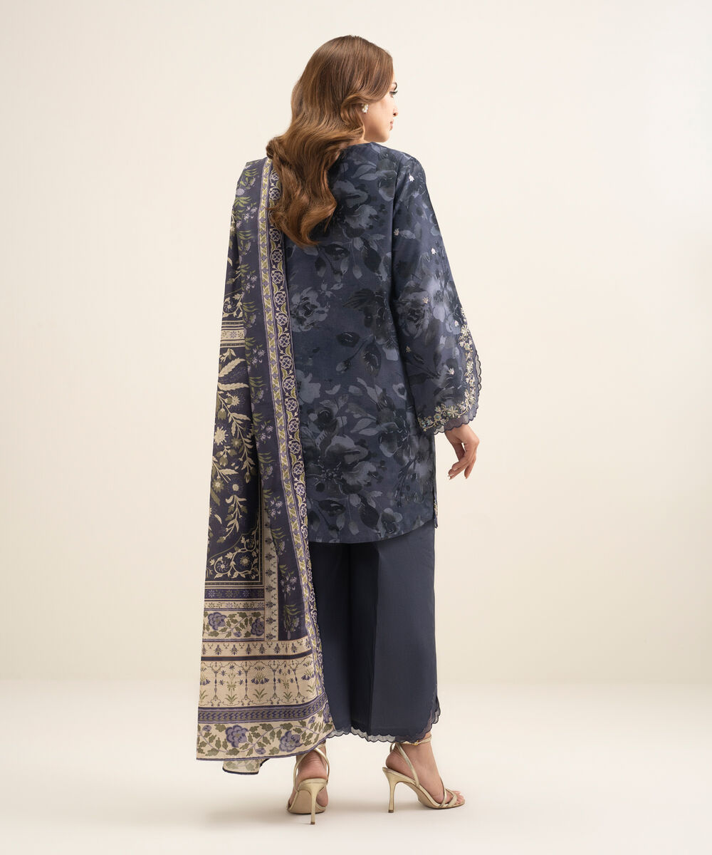 Women's Unstitched Textured Cotton Viscose Embroidered Dark Blue 3 Piece Suit
