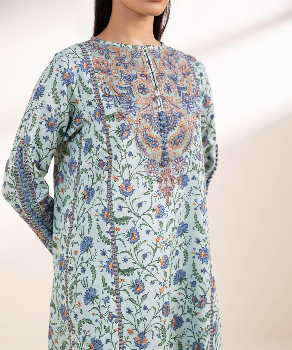 Unstitched Women's Embroidered Lawn Blue Three Piece Suit
