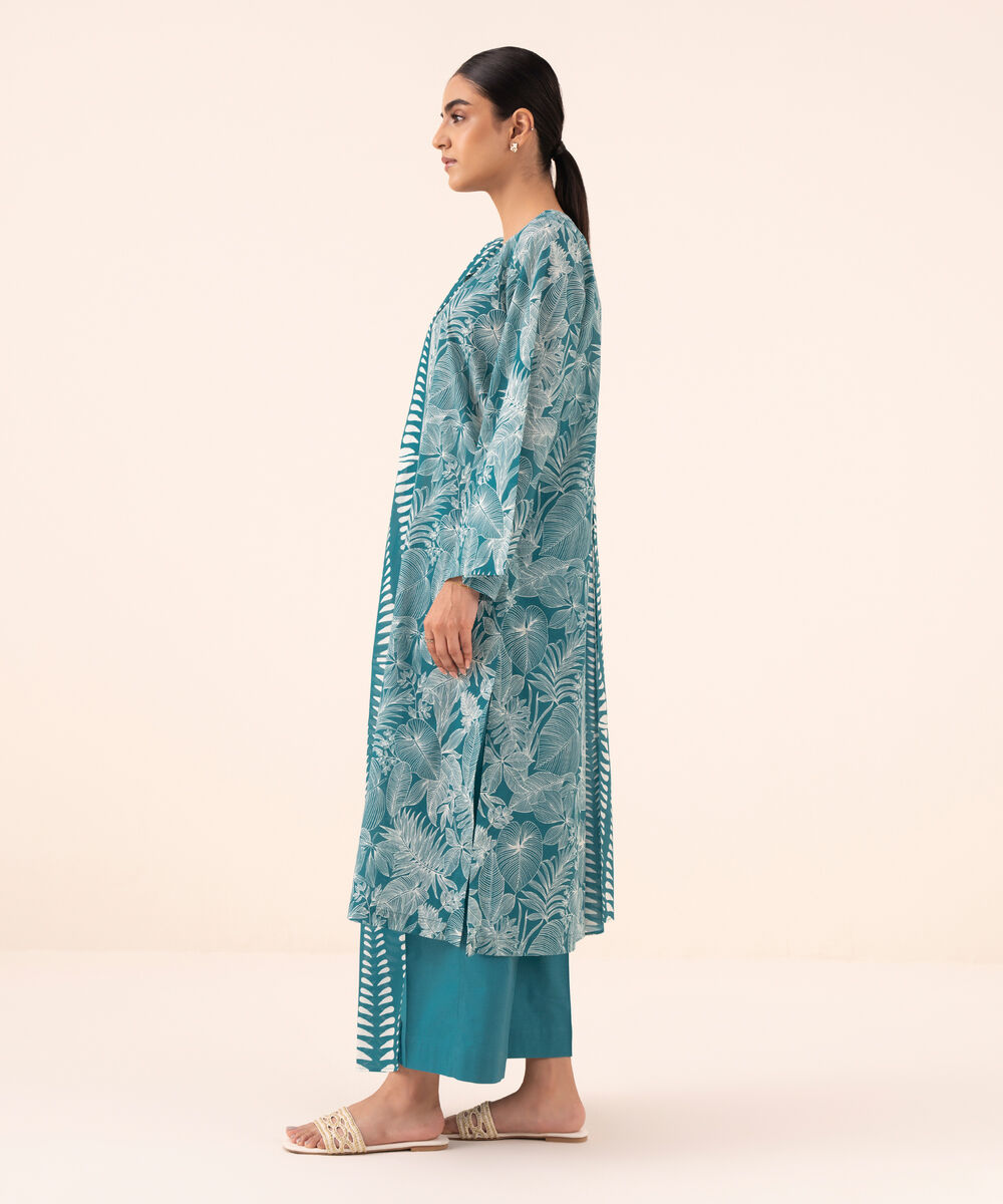 Women's Unstitched Cotton Printed Blue Three Piece Suit