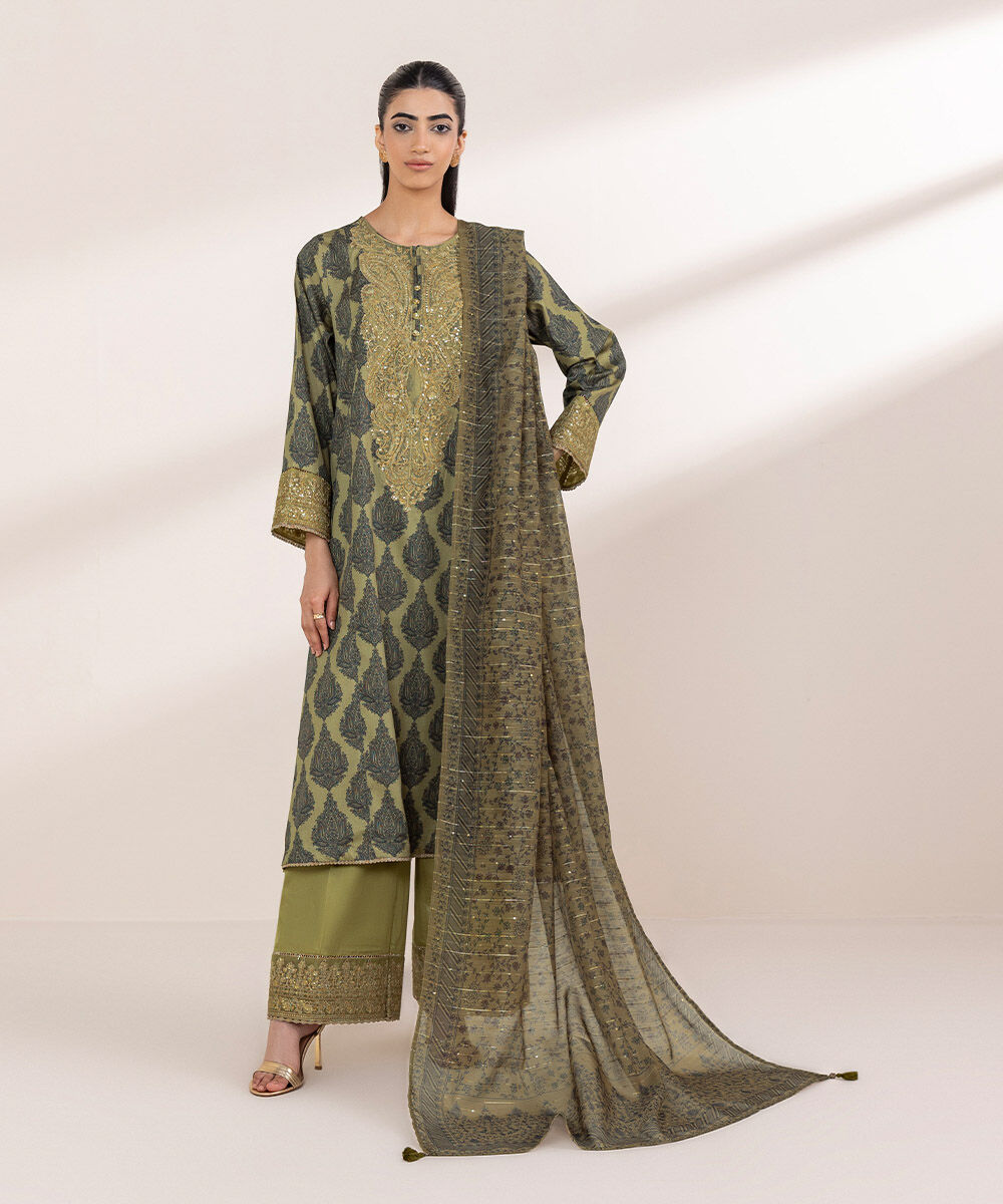 Women's RTW Cotton Satin Green Embroidered A-Line Shirt