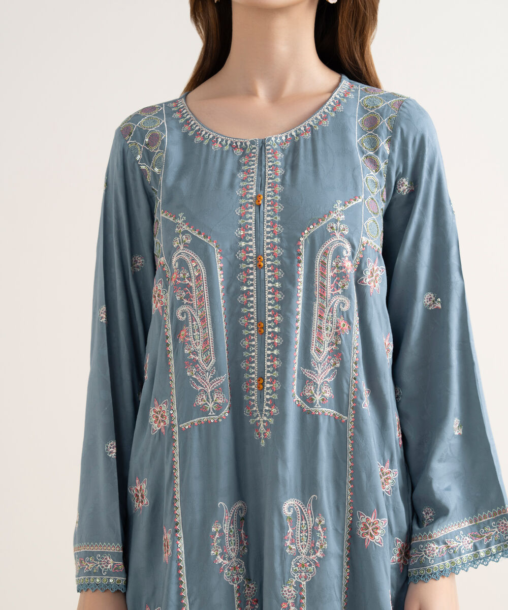 Women's RTW Textured Viscose Embroidered A-Line Blue Shirt