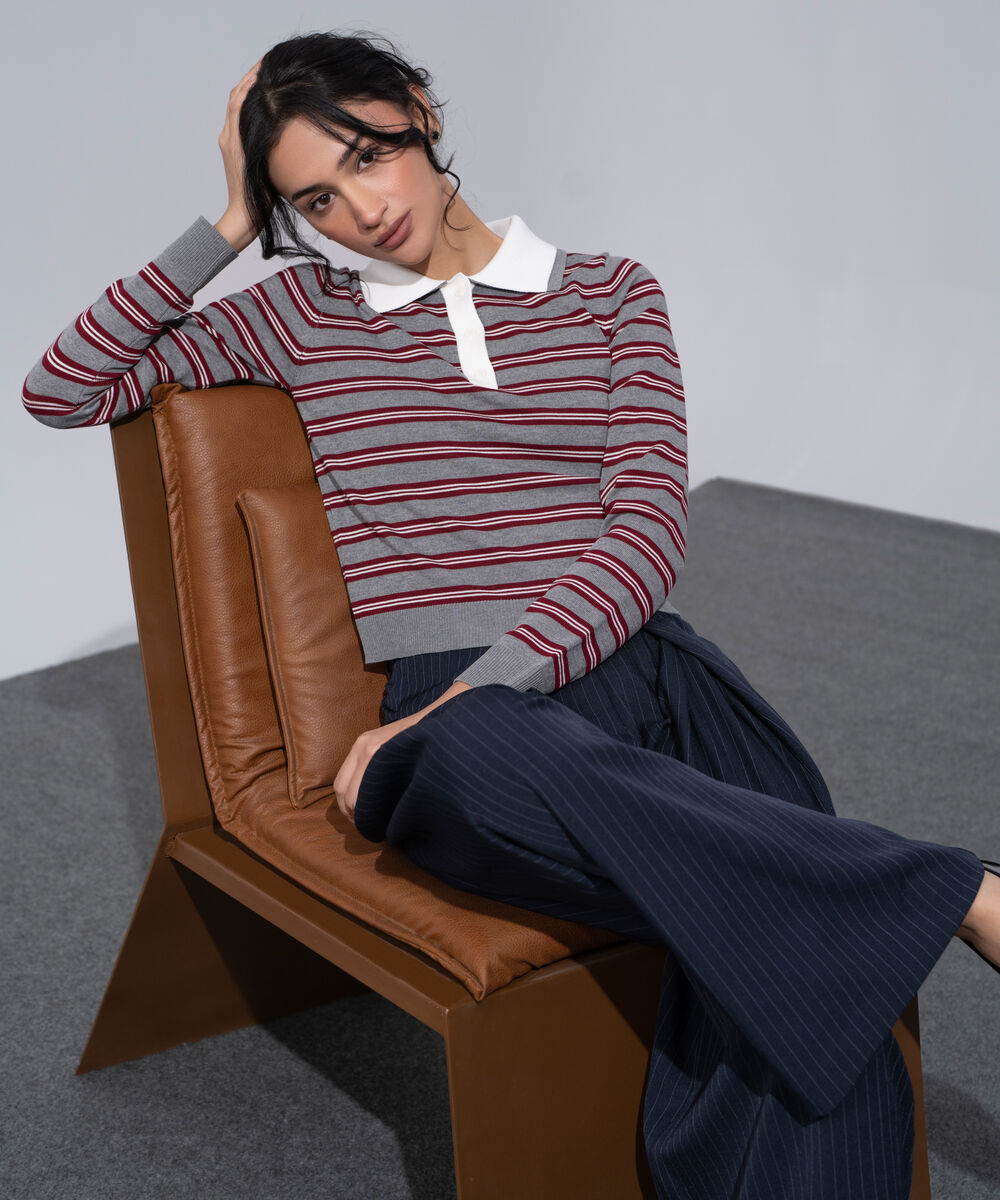 Women's Western Wear Grey And Merlot Polyester Striped Contrast Knit Polo Sweater