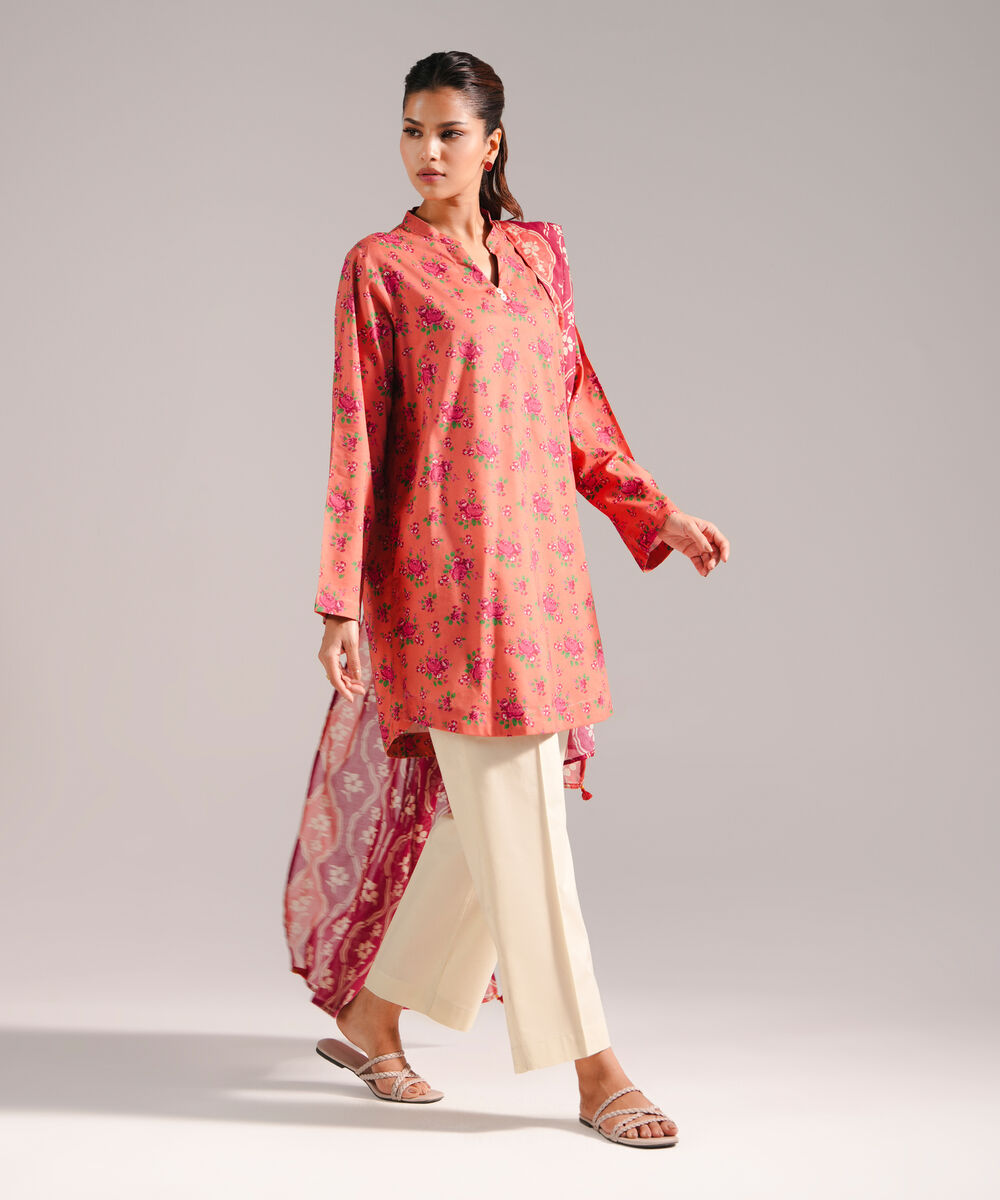 Women's RTW Cotton Viscose Printed Coral 2 Piece Suit