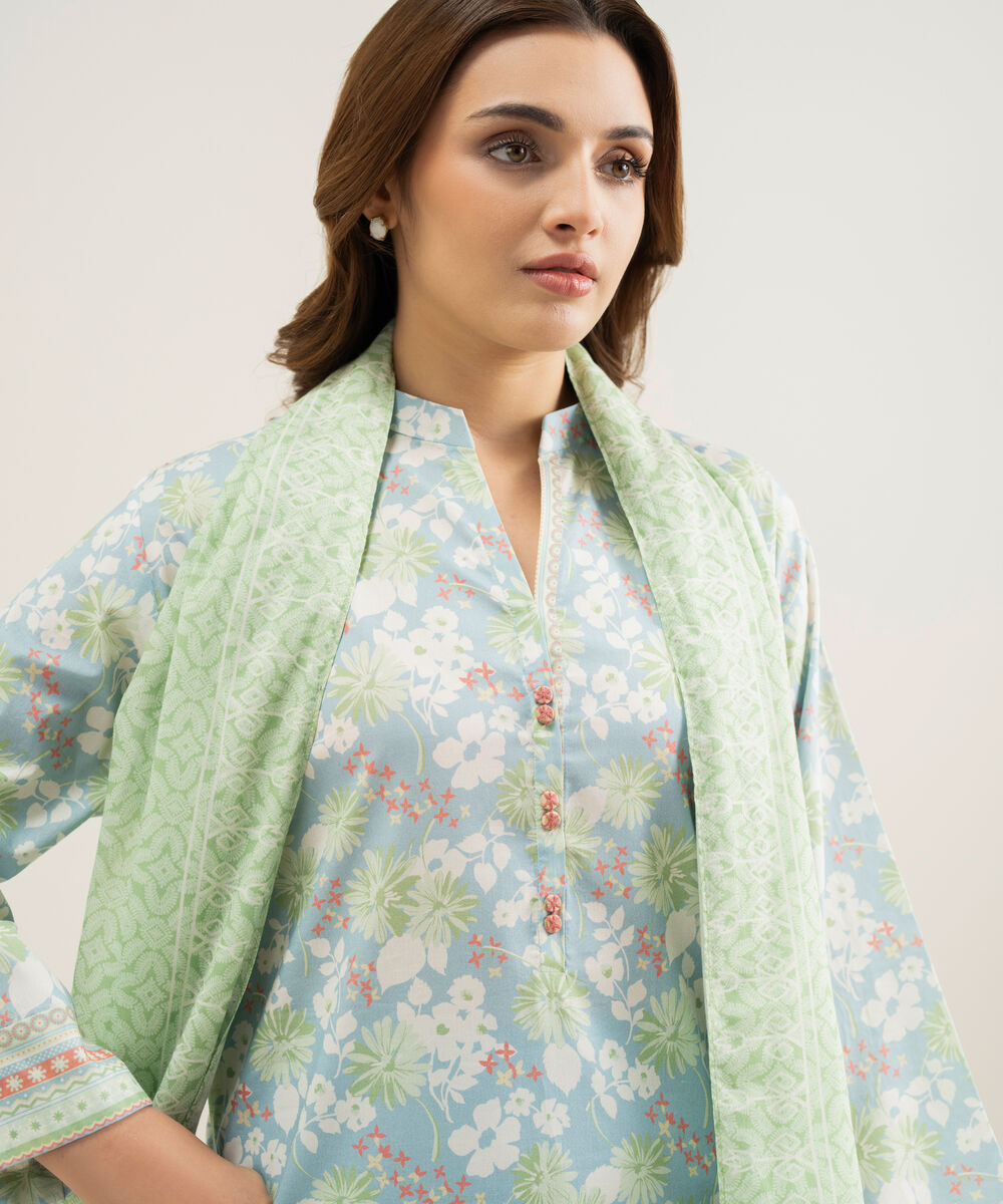 Women's Unstitched Lawn Blue Printed 3 Piece Suit
