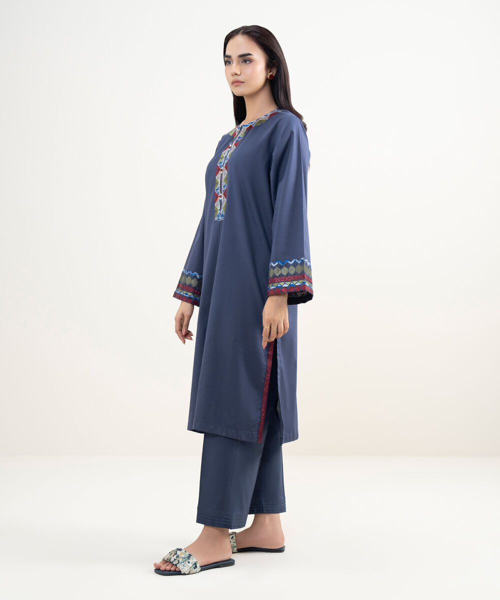 Women's RTW Dobby Embroidered Blue Straight Shirt