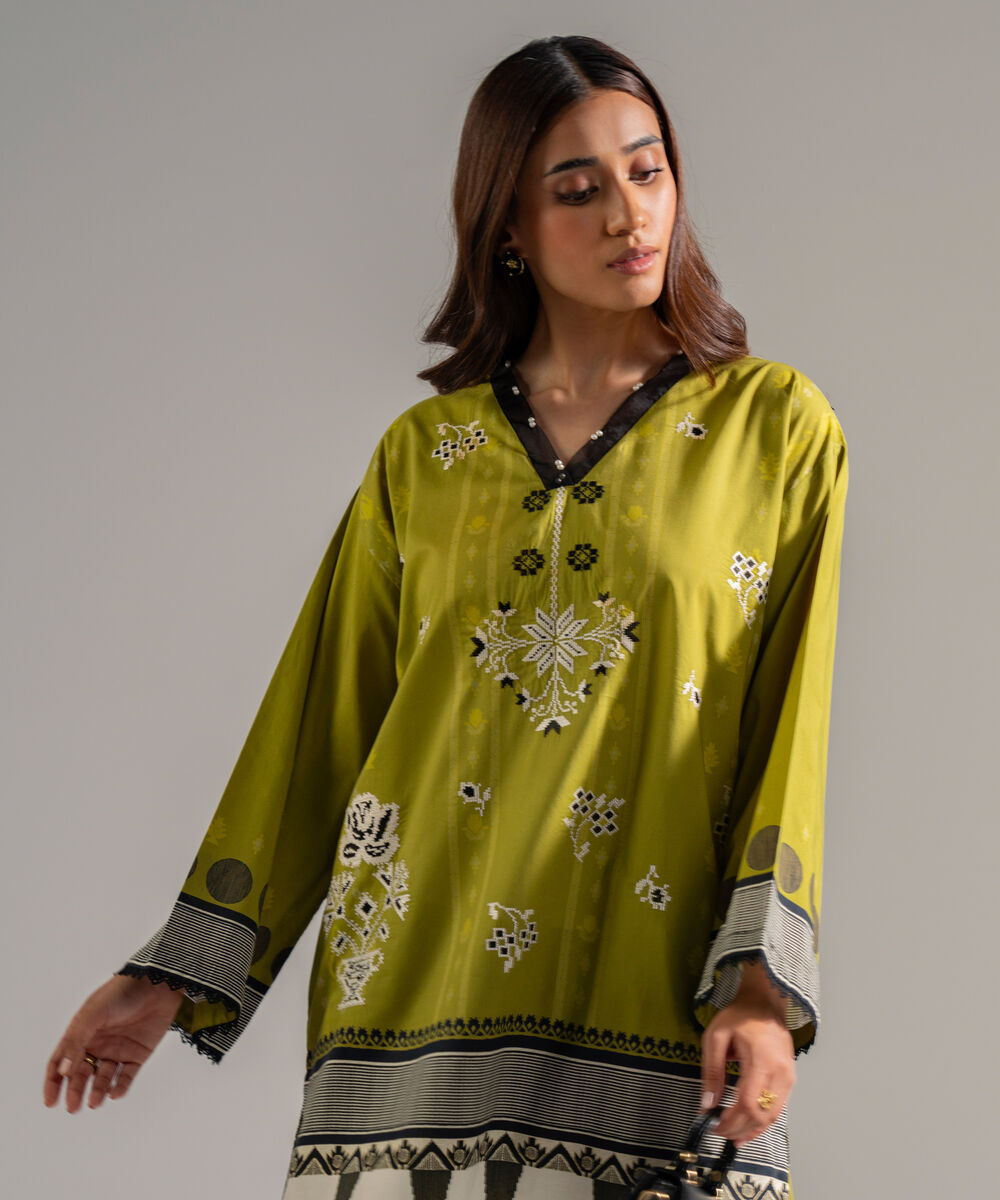 Women's RTW Lawn Embroidered Green Drop Shoulder Shirt