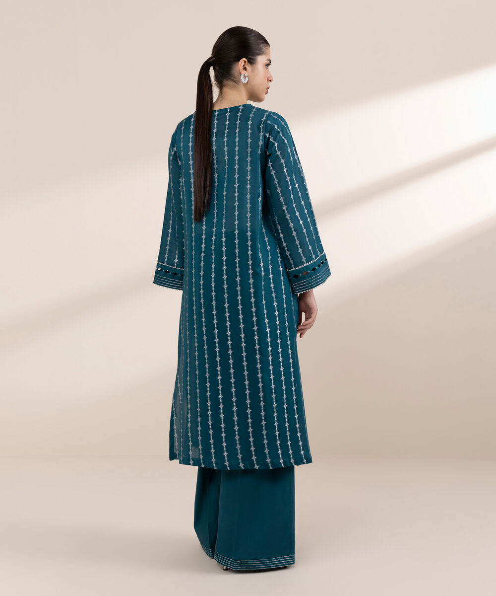 Women's RTW Extra Weft Jacquard Blue Solid A-Line Shirt