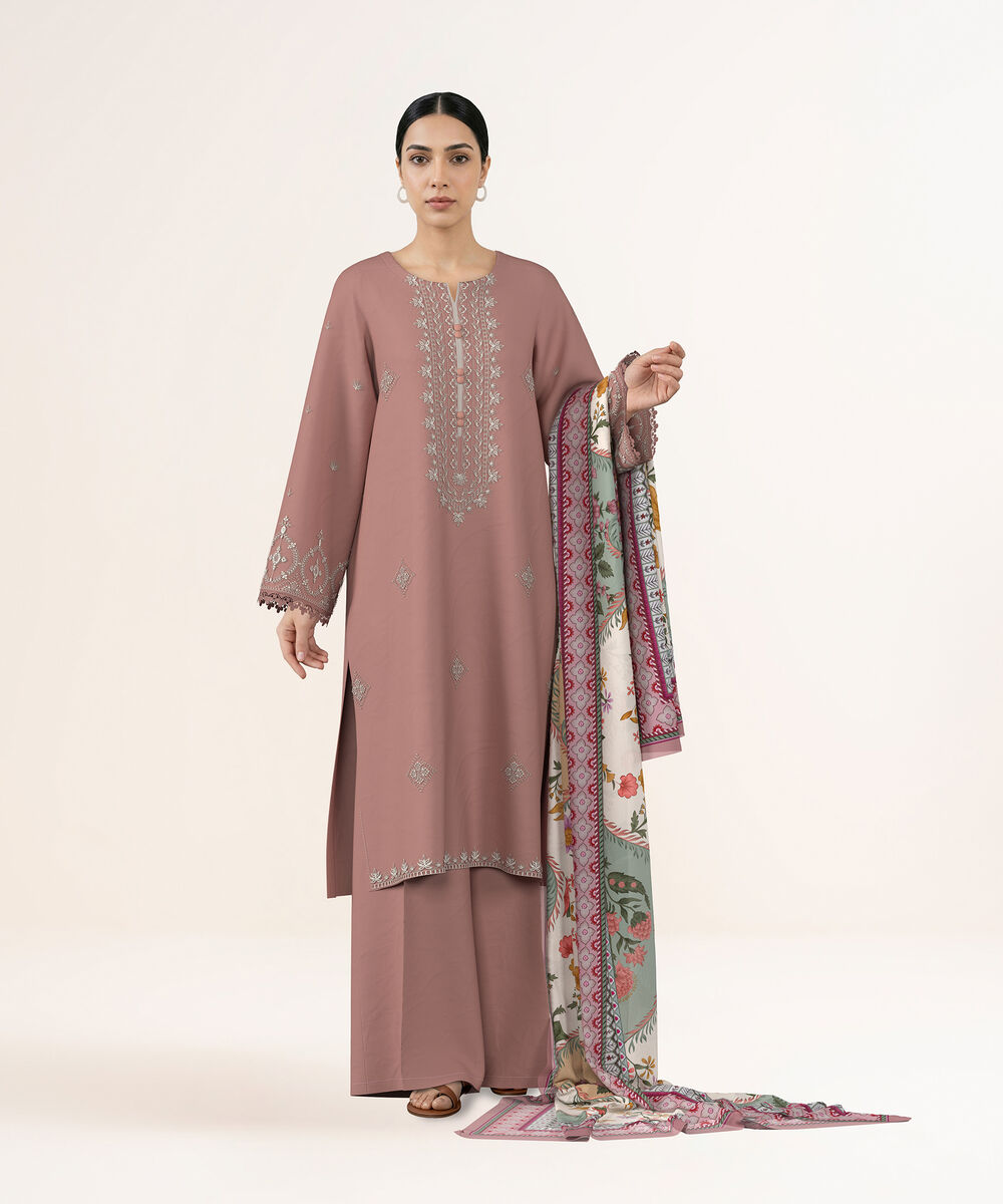 Women's Unstitched Lawn Tea Pink Embroidered 3 Piece Suit