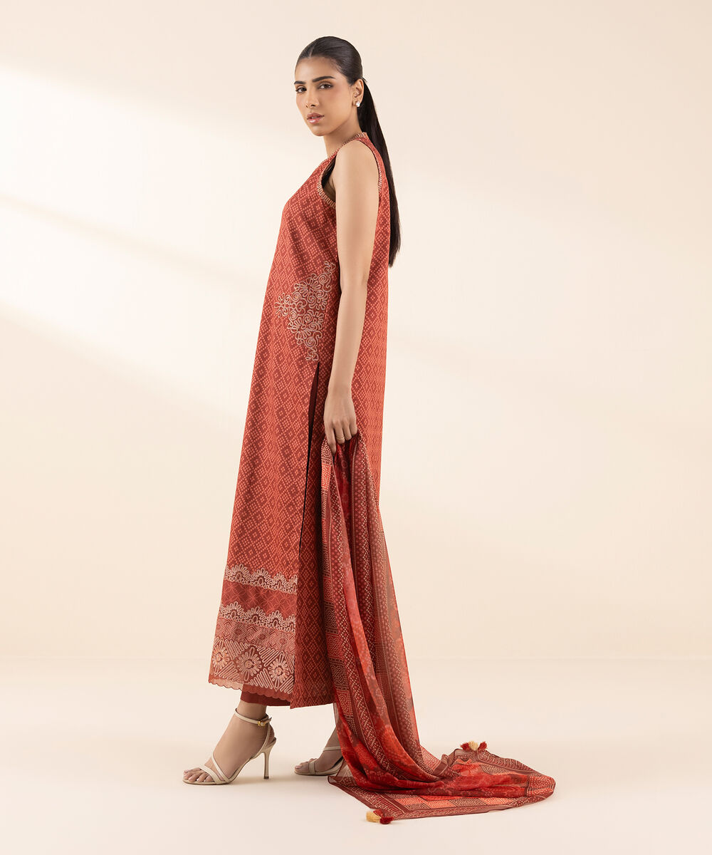 Women's Unstitched Dobby Embroidered Red 3 Piece Suit