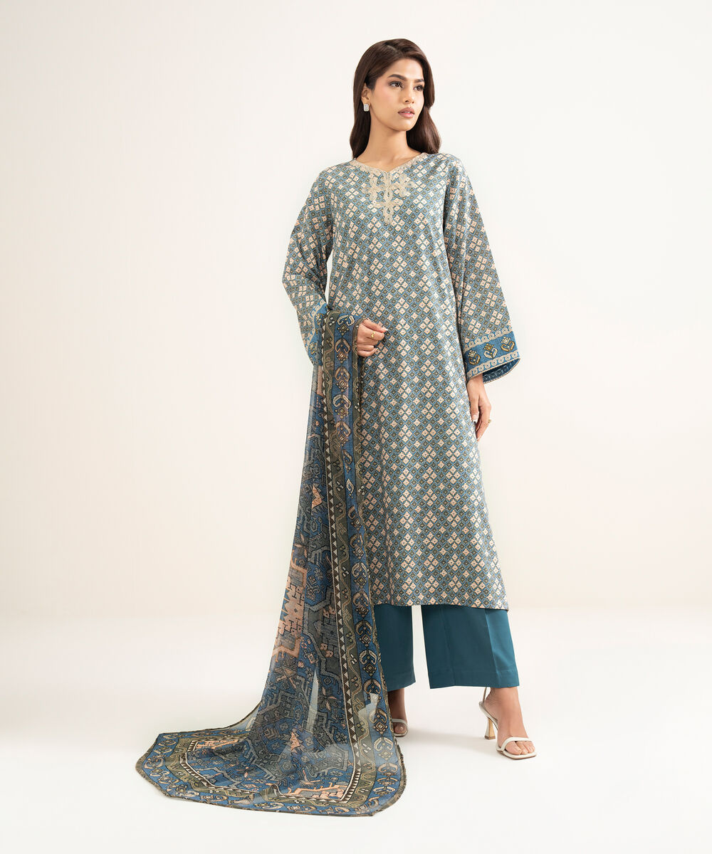 Women's RTW Lawn Embroidered Blue A-Line Shirt