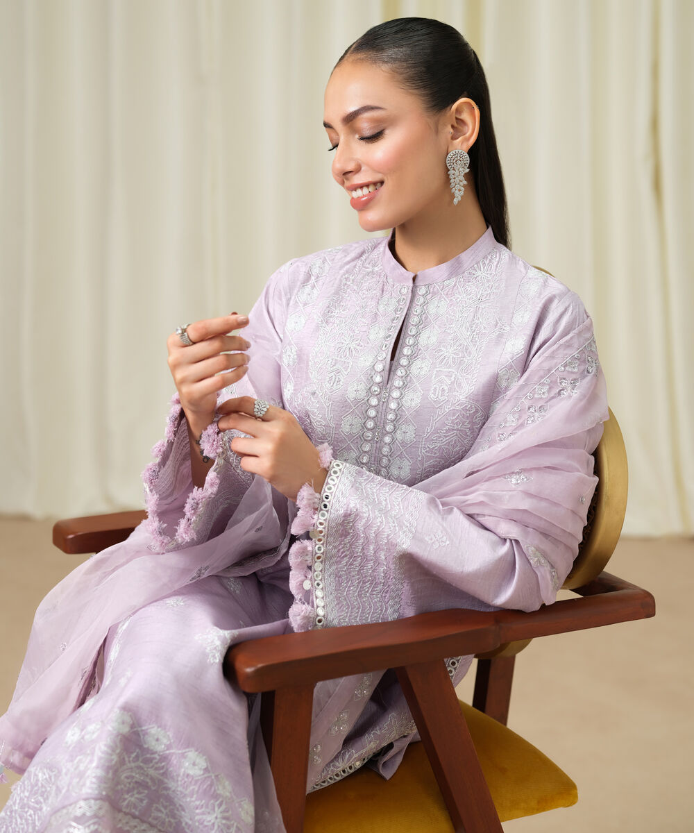 Women's Unstitched Raw Silk Embroidered Purple 3 Piece Suit