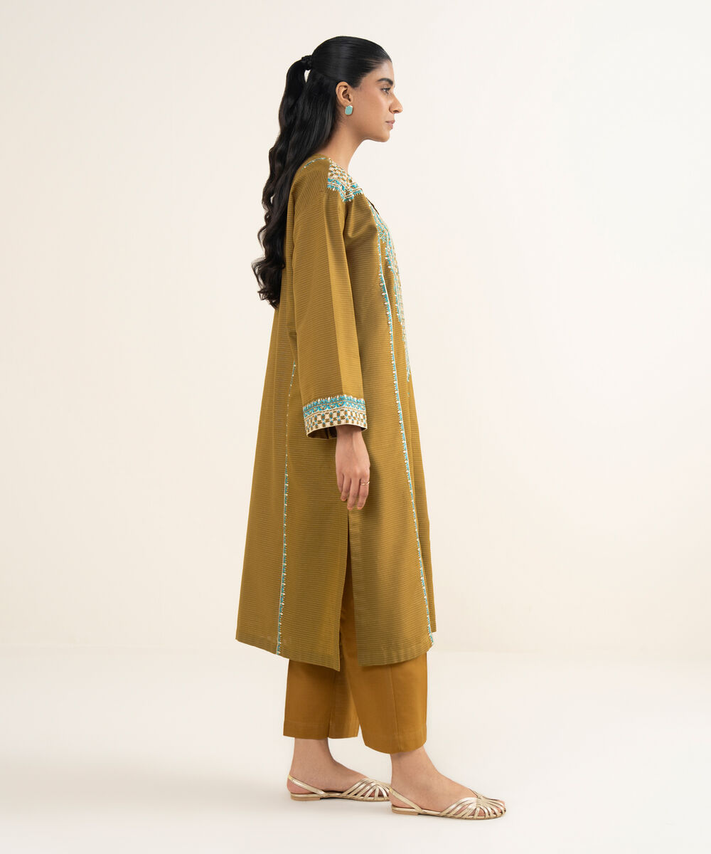 Women's RTW Light Khaddar Embroidered Brown A-Line Shirt