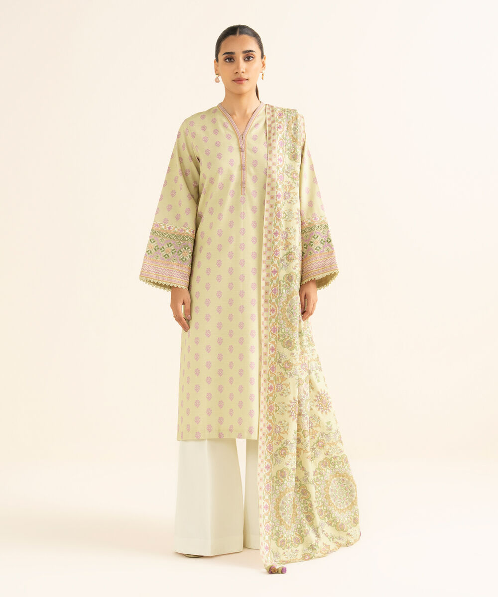 Women's Unstitched Light Khaddar Embroidered Yellow 2 Piece Suit