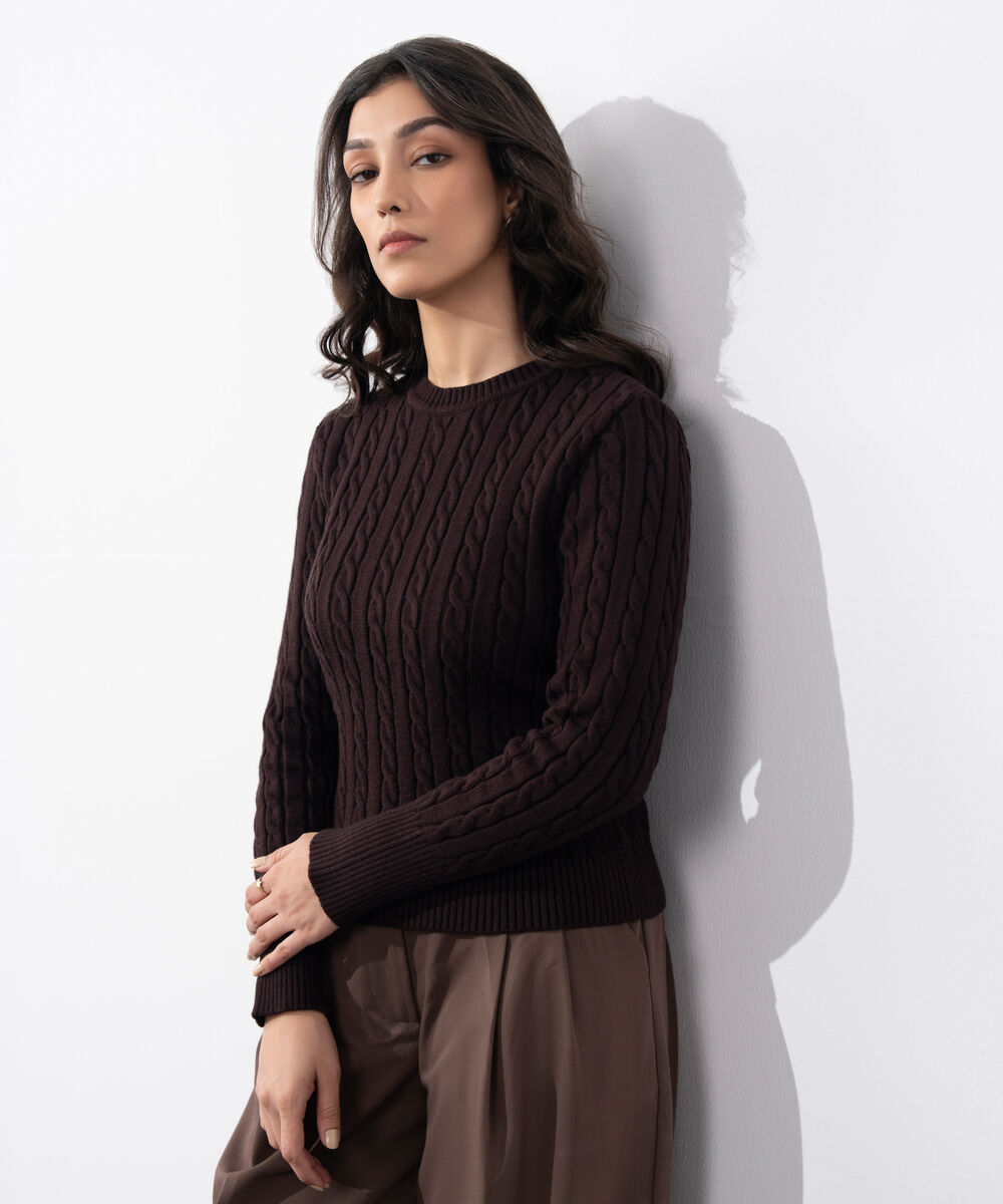 Women's Western Wear Brown Cable Knit Sweater