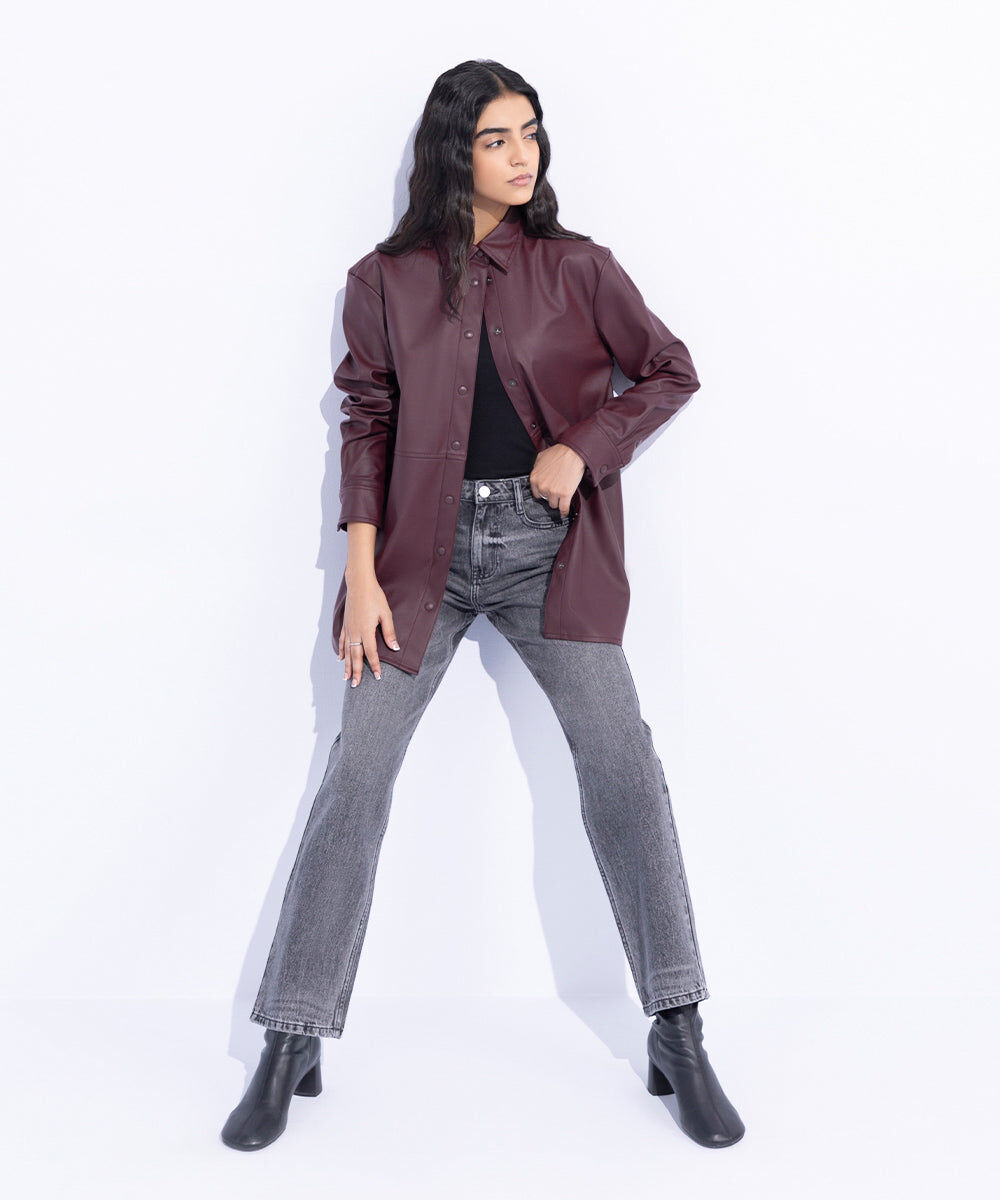 Woman - Red Loose Fit Faux Leather Overshirt