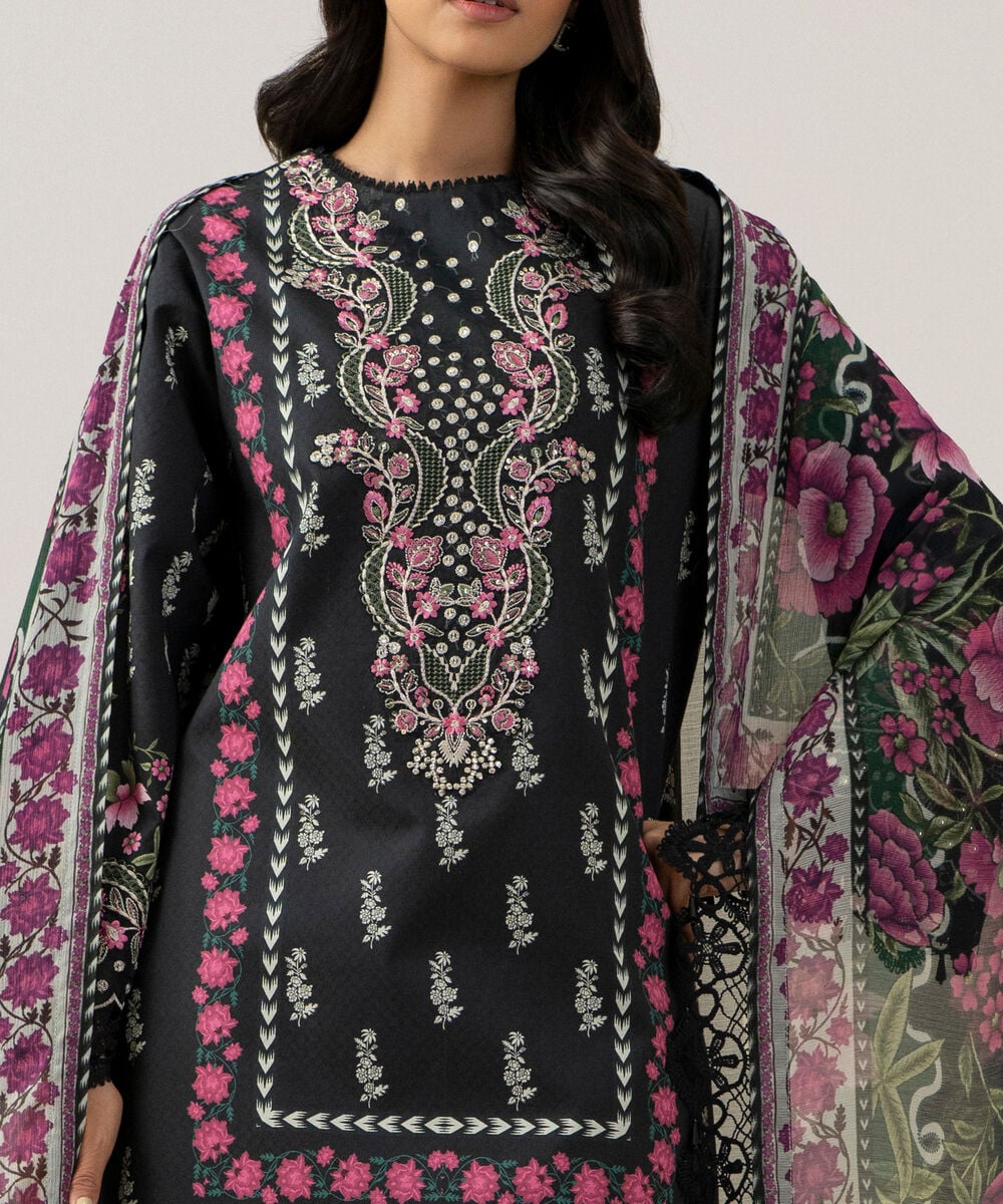 Women's Unstitched Bemberg Tissue Printed Black 3 Piece Suit