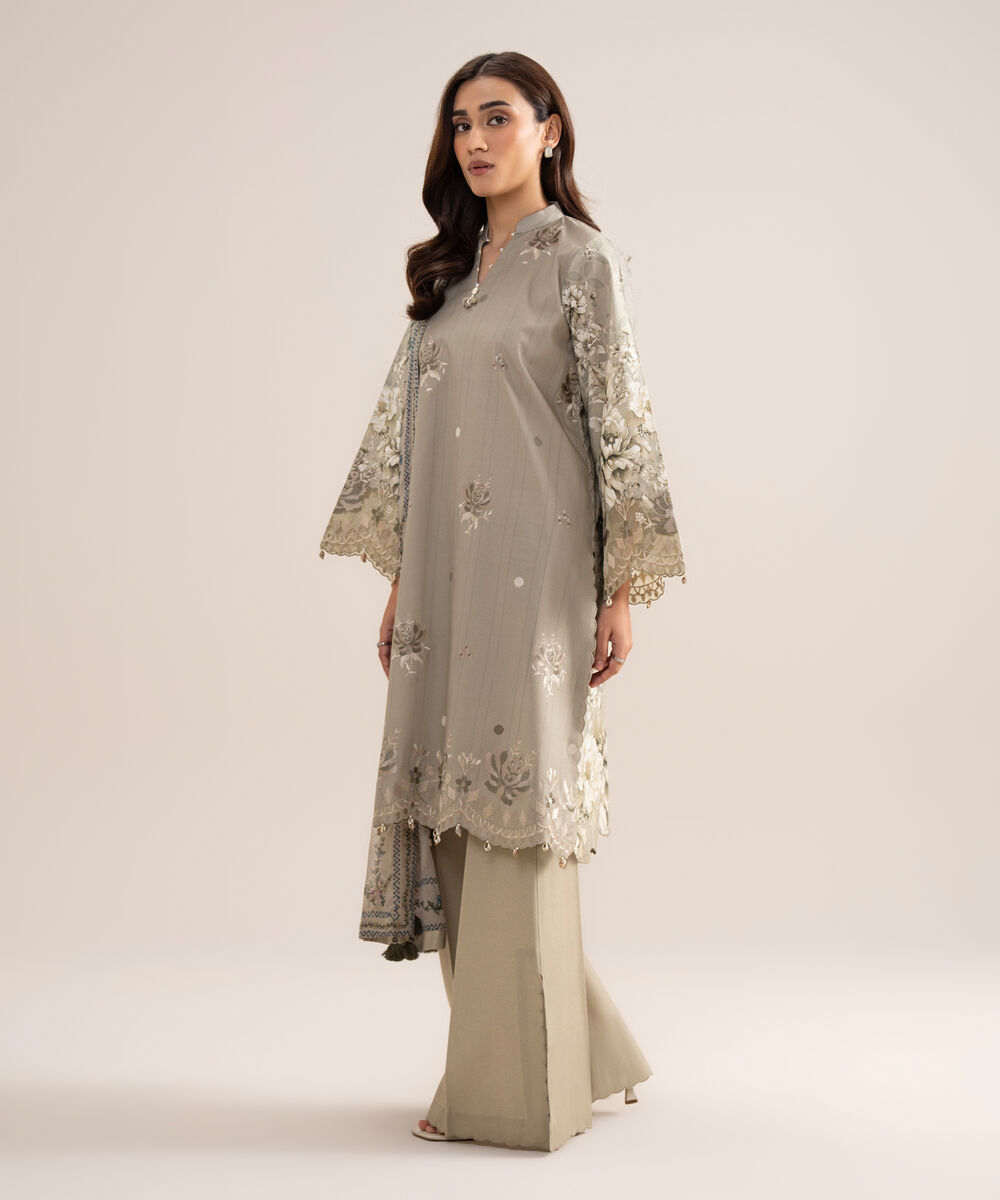 Women's Unstitched Lawn Embroidered Light Grey  3 Piece Suit