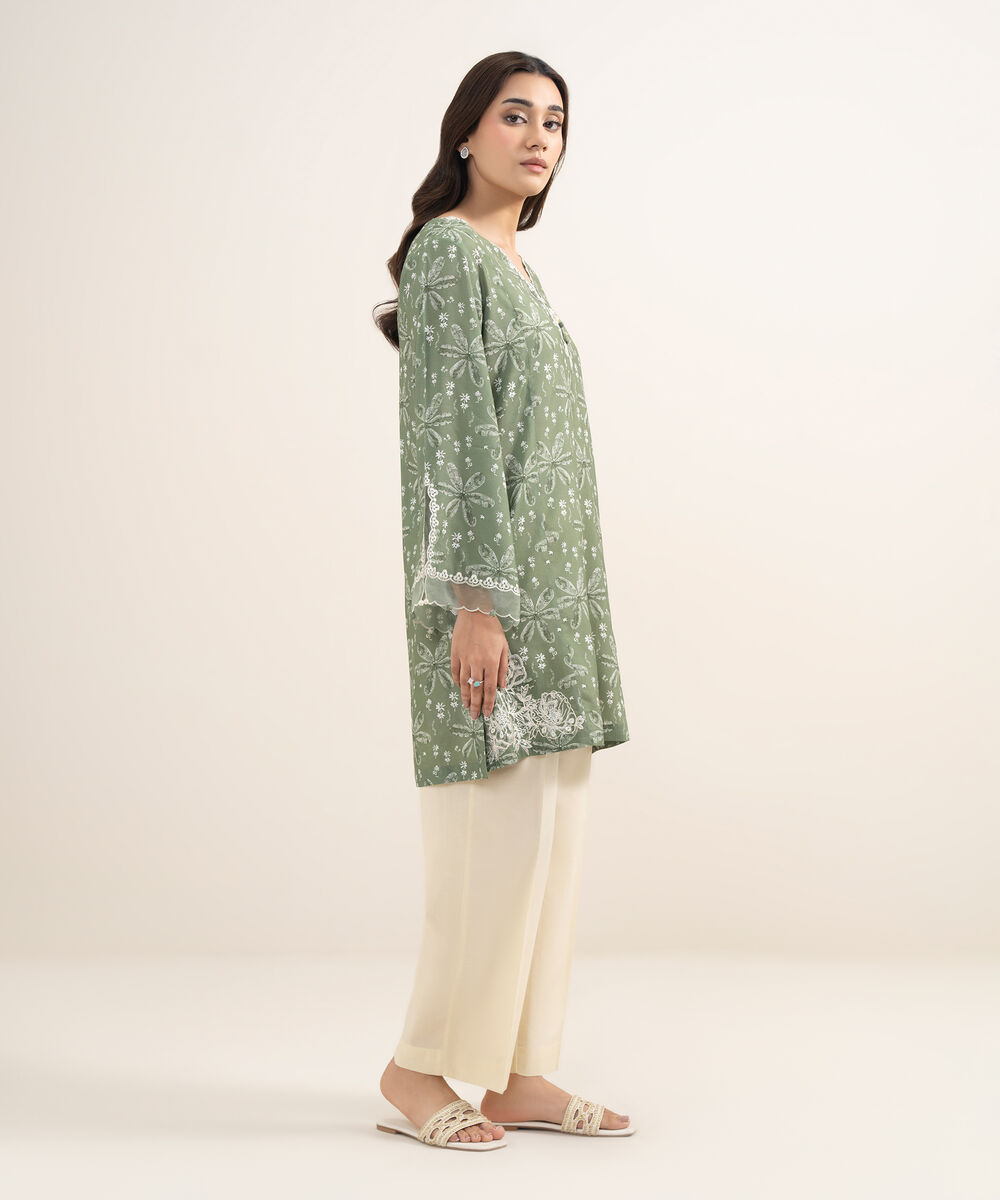 Women's RTW Viscose Raw Silk Embroidered Green Straight Shirt