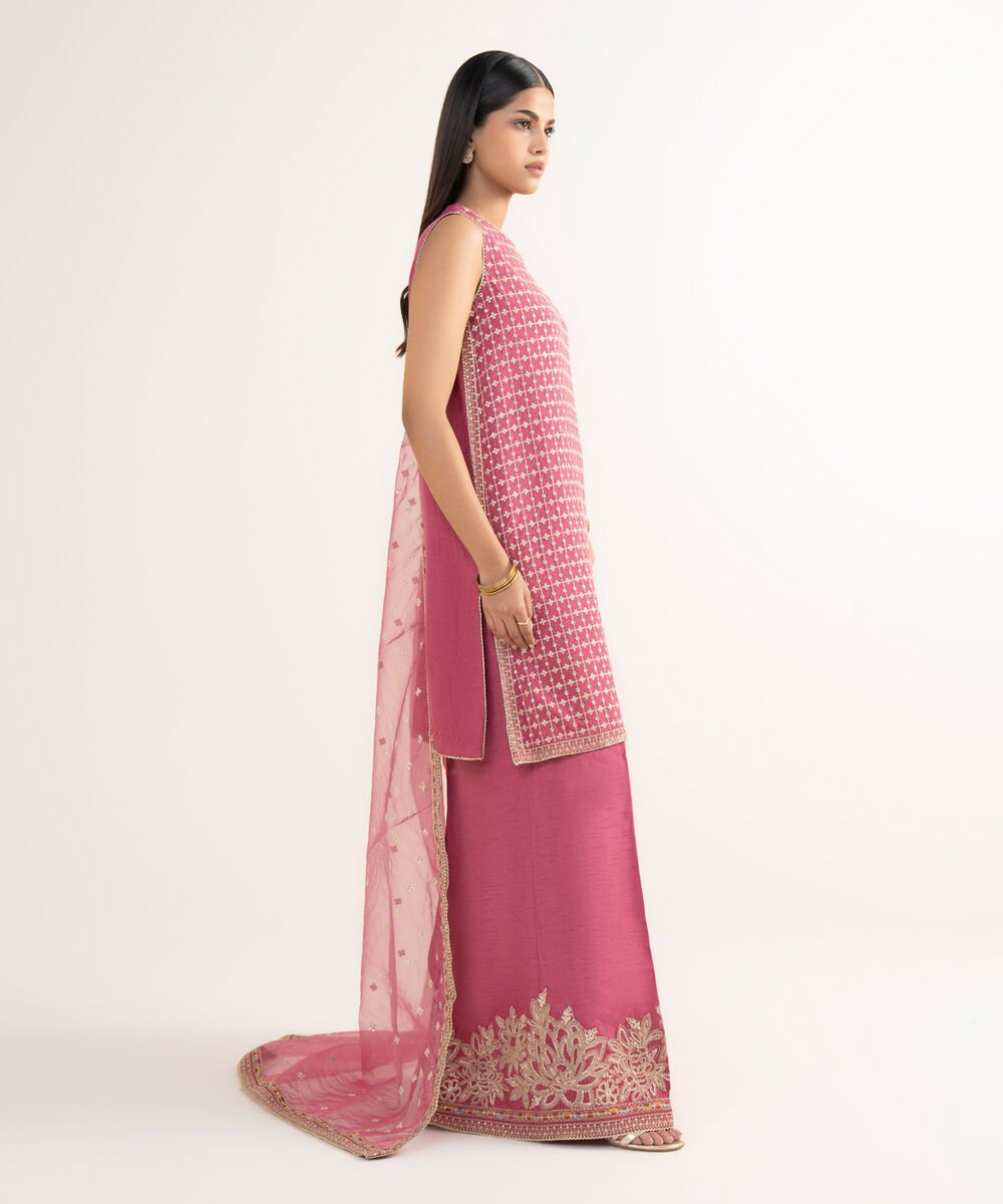 Women's RTW Raw Silk Pink Embroidered 3 Piece Suit