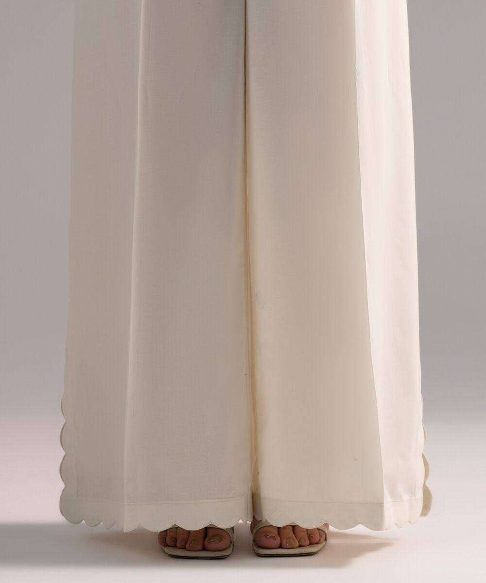 Women's RTW Cambric Solid Off White Flared Pants