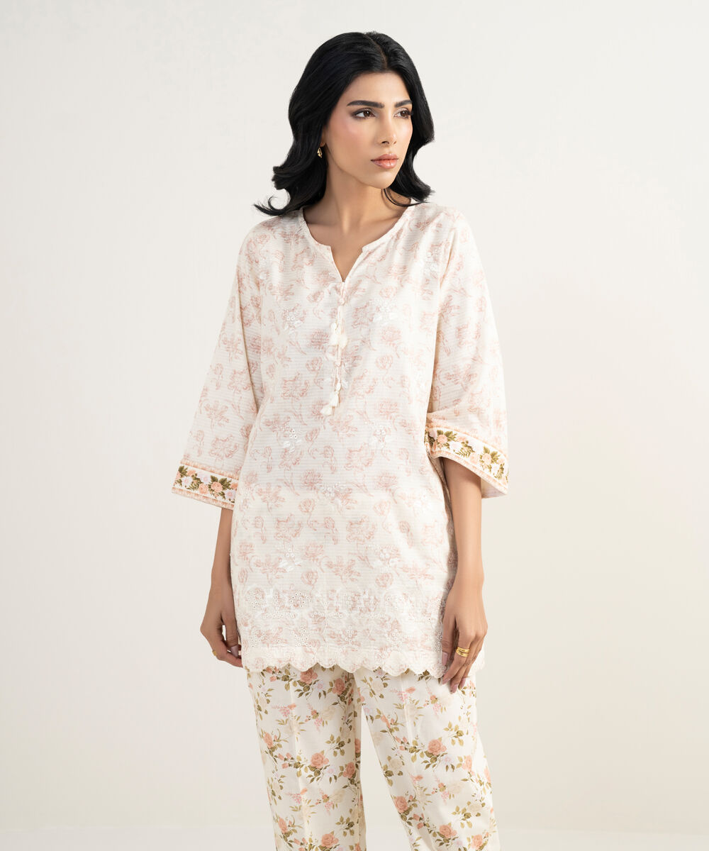Women's RTW Dobby Embroidered Off White Straight Shirt