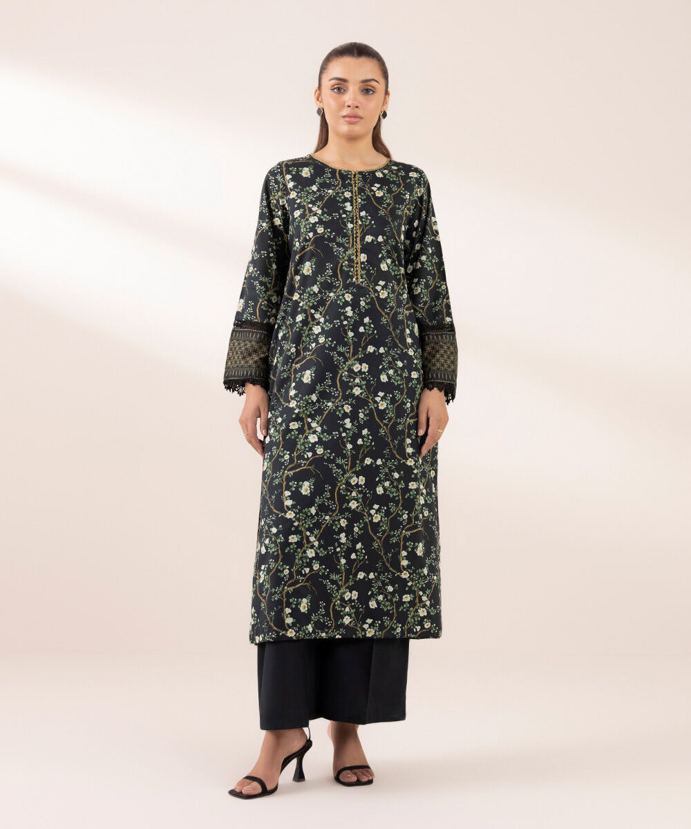 Women's RTW Lawn Black Printed A-Line Shirt