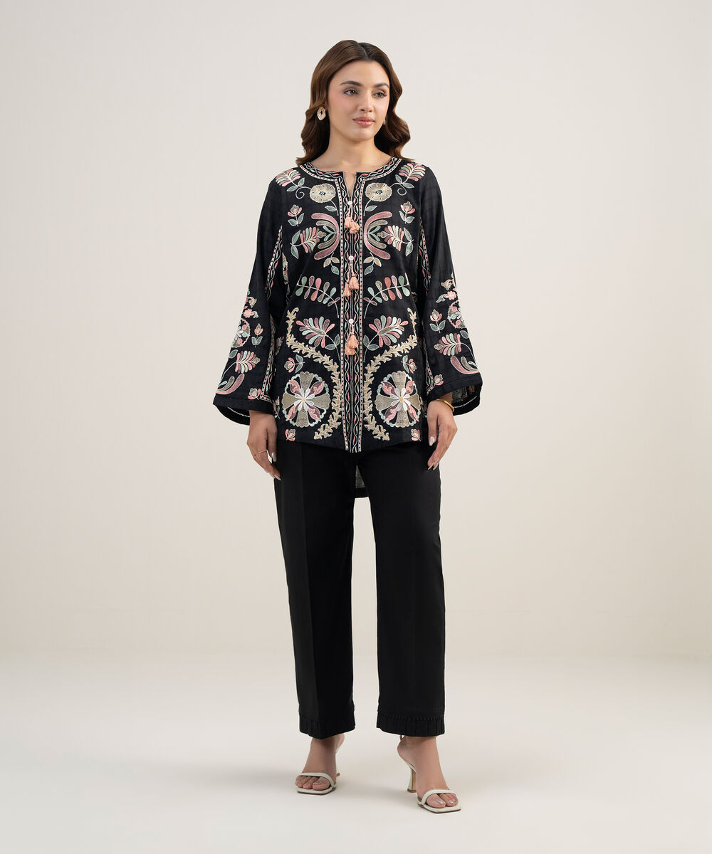 Women's RTW Dobby Embroidered Black Straight Shirt