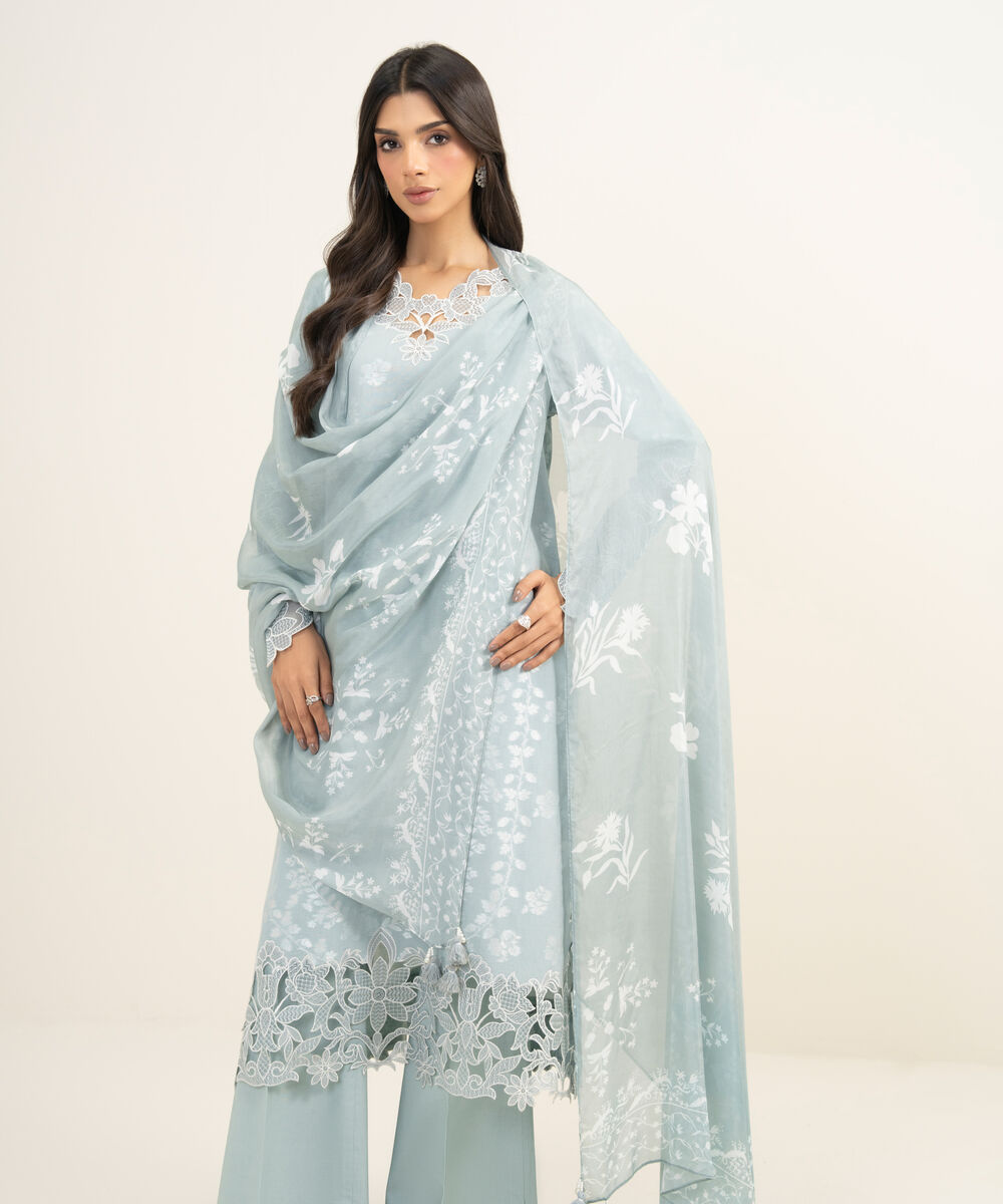 Women's Unstitched Extra Weft Jacquard Embroidered Blue 3 Piece Suit