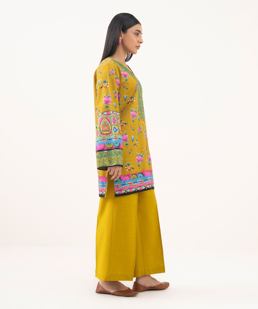 Women's RTW Light Khaddar Embroidered Mustard Straight Shirt