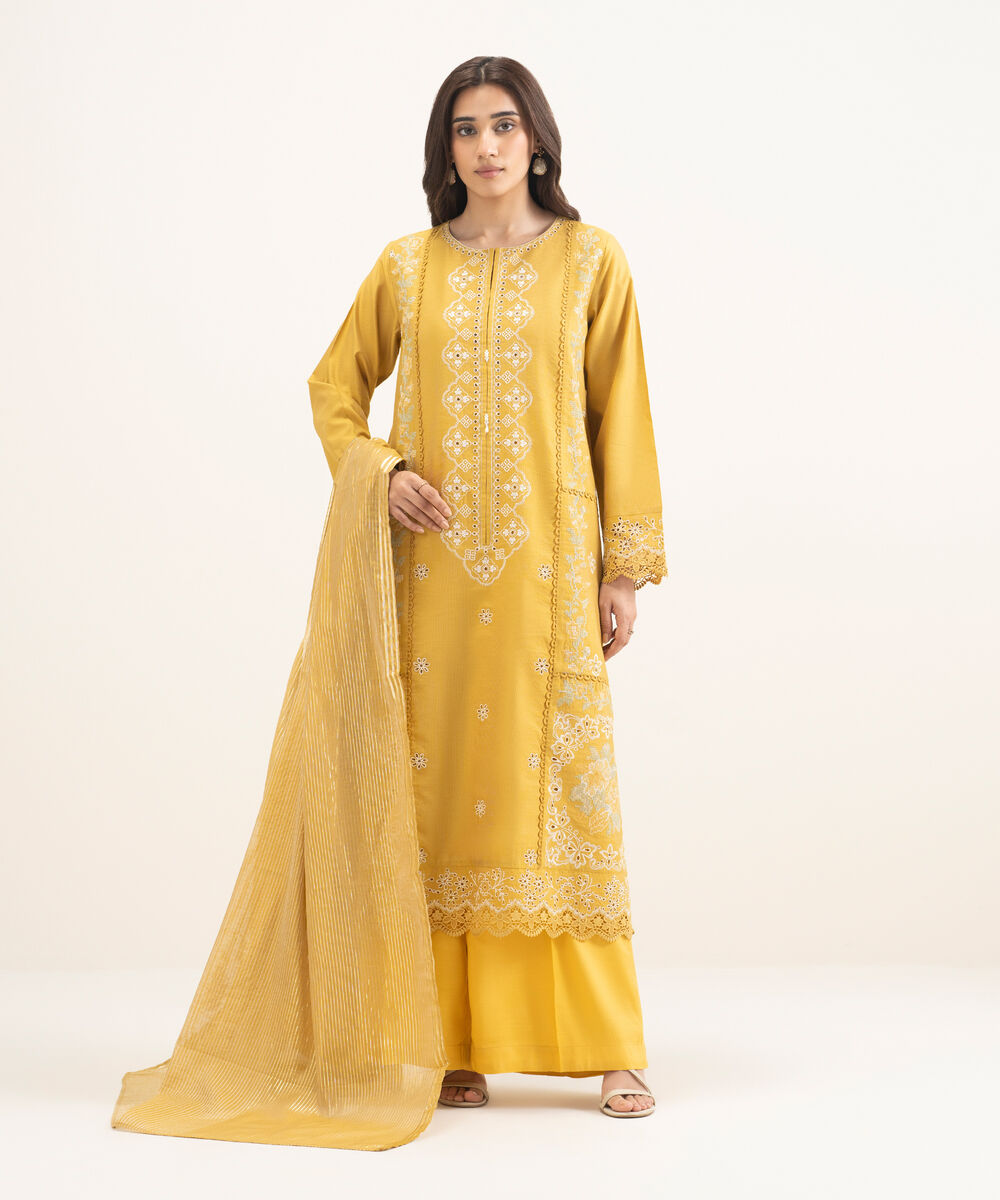 Women's RTW Silk Cotton Net Embroidered Mustard 3 Piece Suit