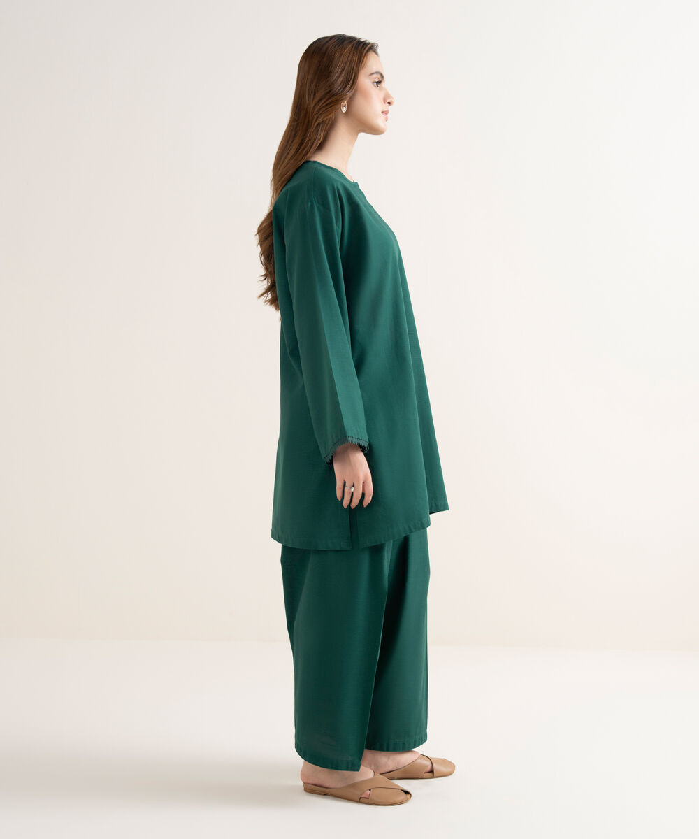 Women's RTW Khaddar Solid Boxy Green Shirt