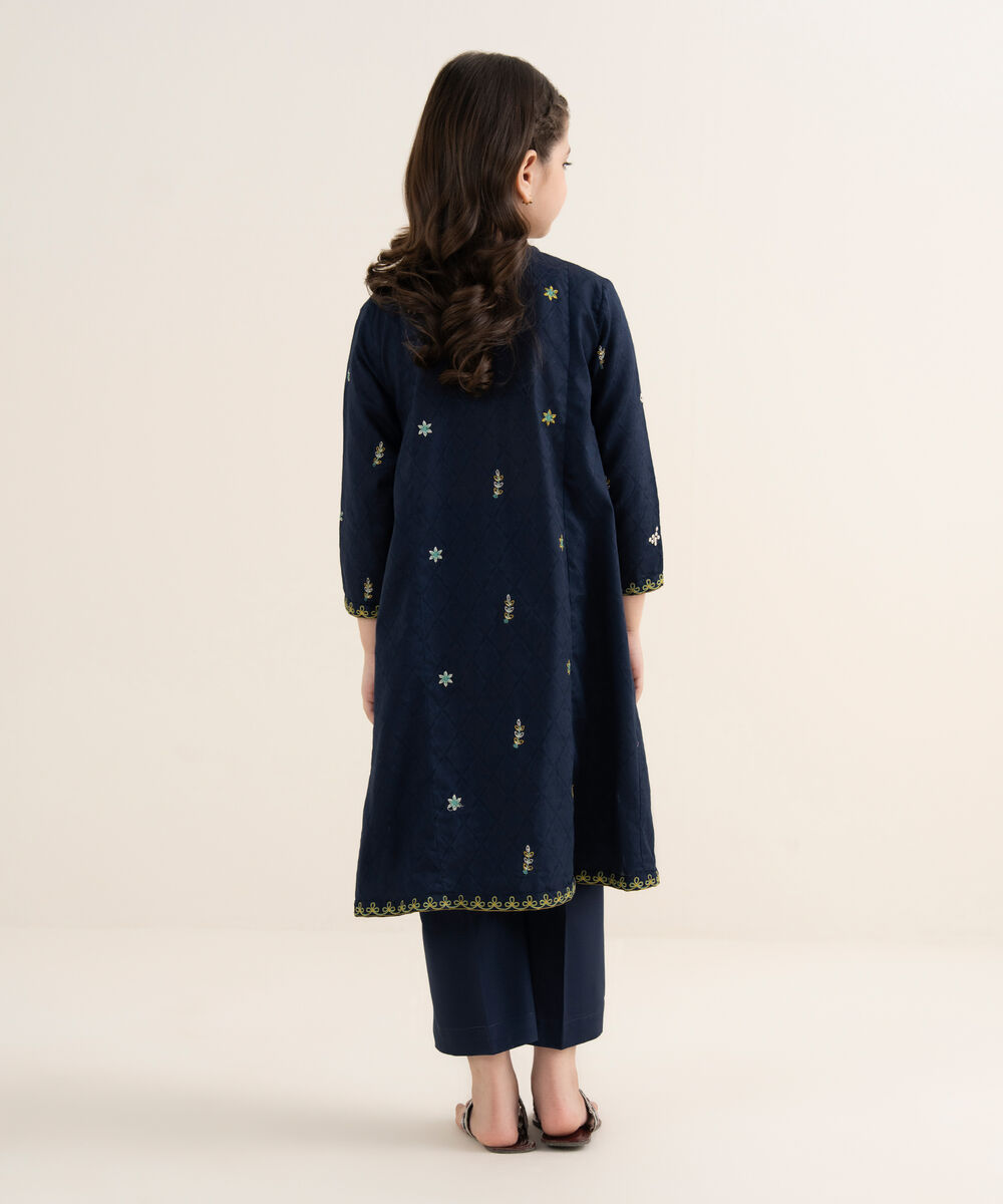 Girl's Self Jacquard Embroidered Blue 2 Piece Suit