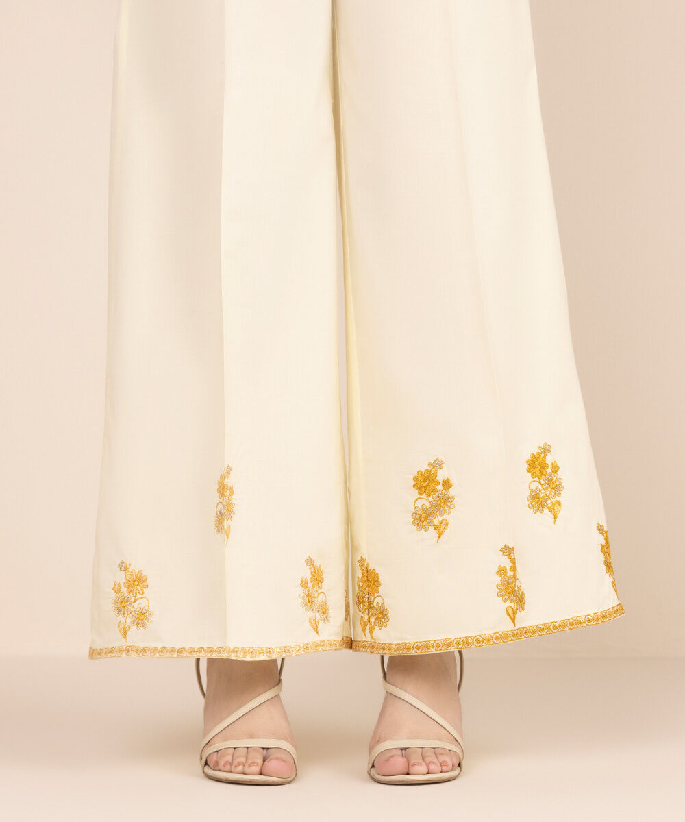 Women's RTW Cambric Yellow Embroidered Flared Pants