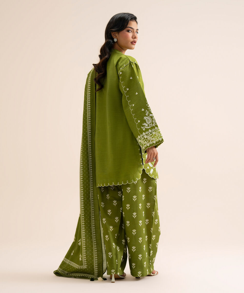 Women's Unstitched Light Khaddar Embroidered Olive Green 3 Piece Suit