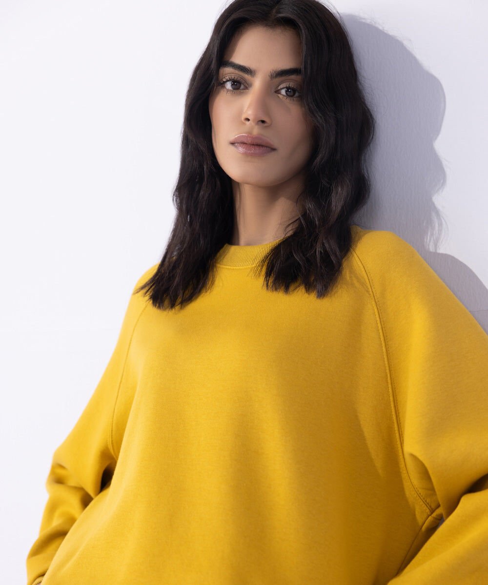 Fleece Sweatshirt with Raglan Sleeves Woman - Yellow Fleece Sweatshirt with Raglan Sleeves