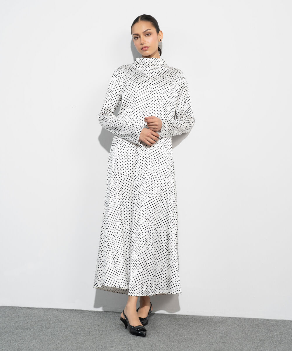 Women's Western White And Black Polka Dot Satin Dress