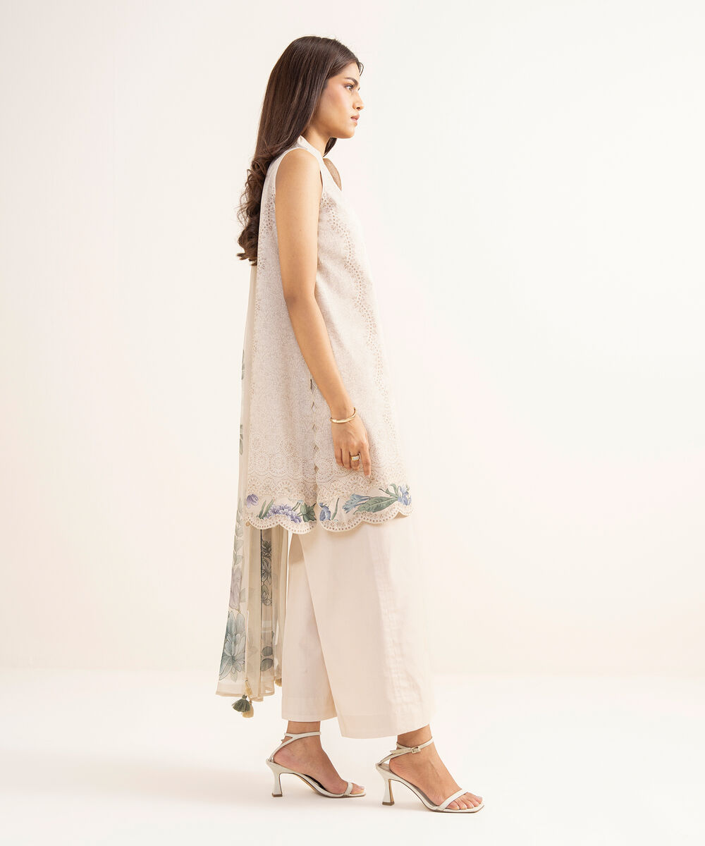 Women's Unstitched Lawn Printed Beige 3 Piece Suit