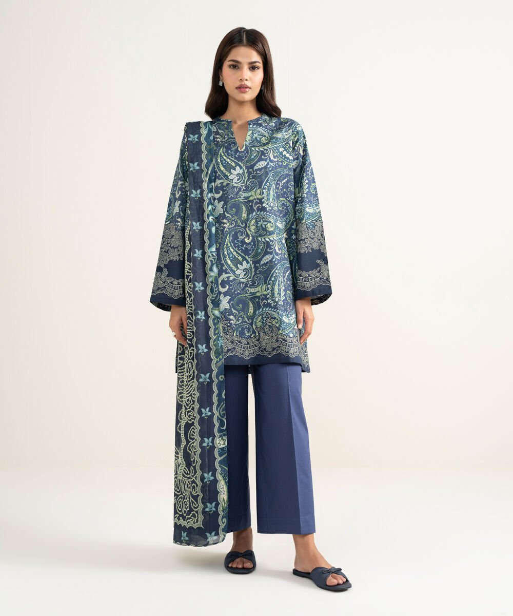 Women's RTW Cambric Printed Blue 3 Piece Suit