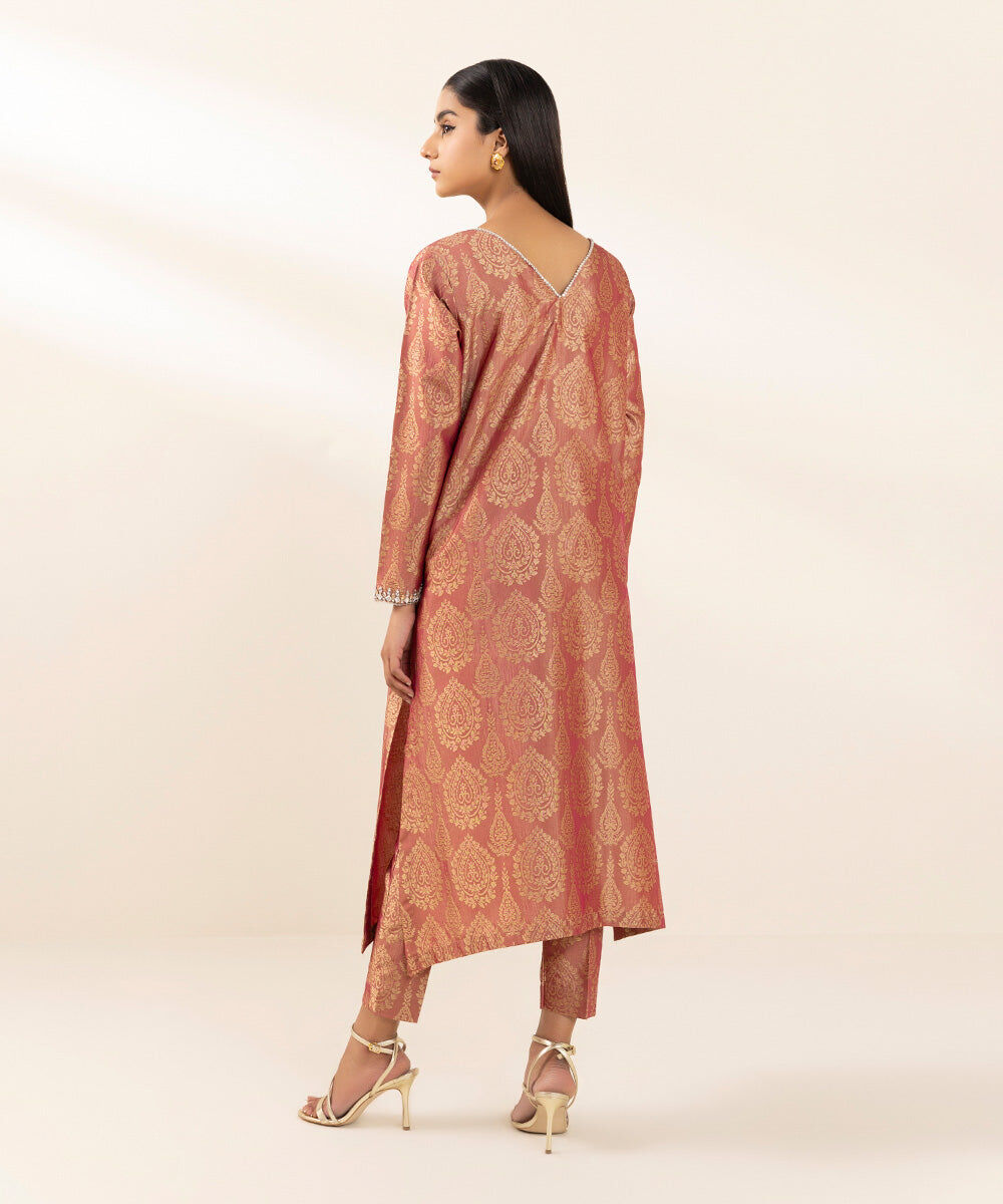 Women's Pret Blended Jacquard Dyed  Rust Brown A-Line Shirt